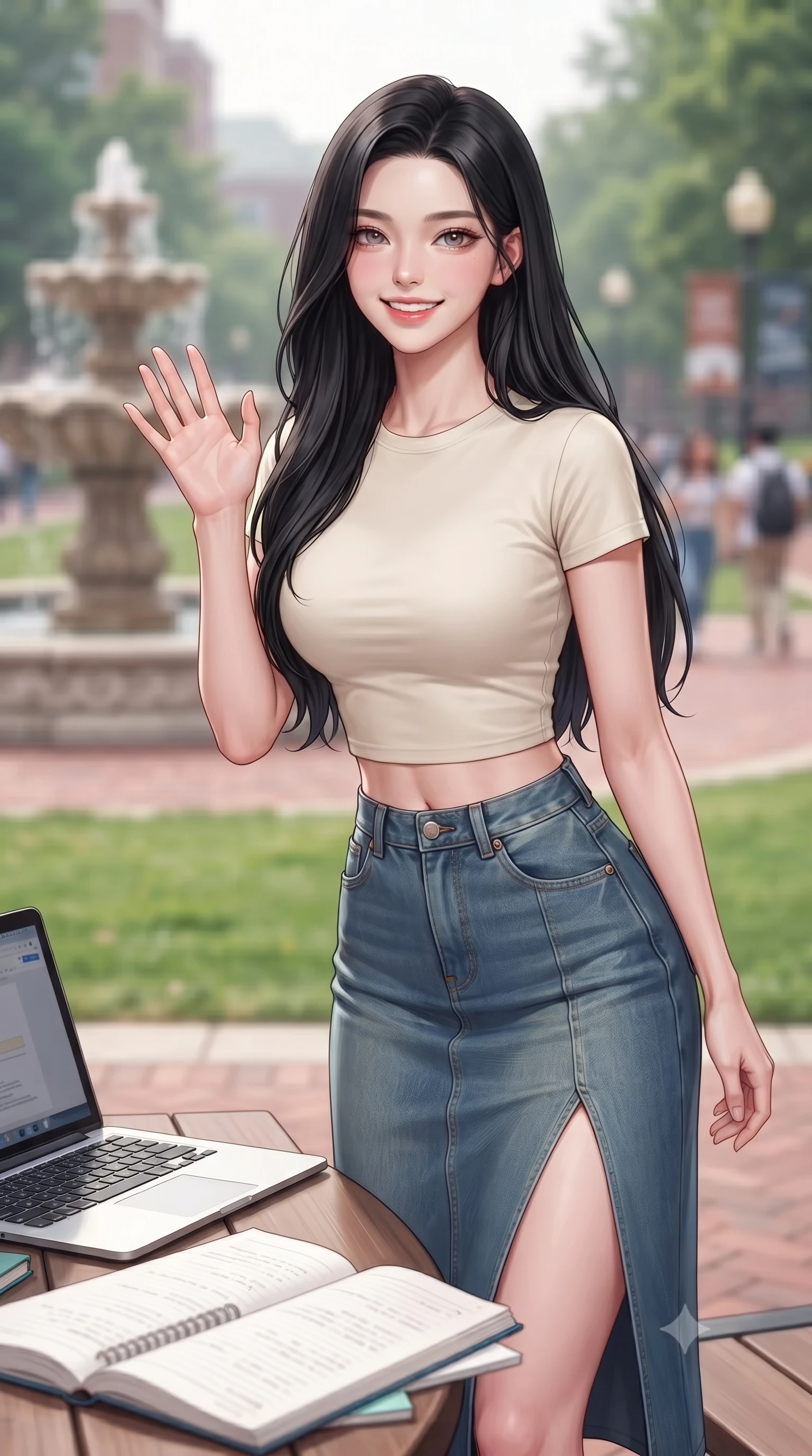 score_9, masterpiece, best quality, ultra-detailed, high-budget anime keyframe, editorial fashion photography, tasteful artistic composition, Korean woman. close-up cowboy shot from the waist and thighs up, the character dominates the composition, filling the frame with her large presence, background elements kept in soft focus. flashing a sweet, beaming smile while waving one hand gently toward the camera set against a soft-focus background of in a lively university plaza near a decorative stone fountain and green lawns with a laptop and open notebooks arranged on a wooden table. She has an exceptionally elegant, slender, and willowy female figure with an ultra-slim waist, a gracefully sculpted slender torso, and a refined silhouette. sharp v-shaped jawline, high-bridge nose, intricate jewel-like eyes with depth, thick eyelashes, glossy lips with a natural sheen. wearing slim-fit modern crop top tee in cream, paired with a high-slit denim midi skirt. soft diffused daylight creating a clean, high-key glow in the space. highly saturated vibrant anime colors, detailed shading with soft gradients, rich glossy textures, high-contrast stereoscopic depth, volumetric dynamic lighting, master piece, 9:16 ratio