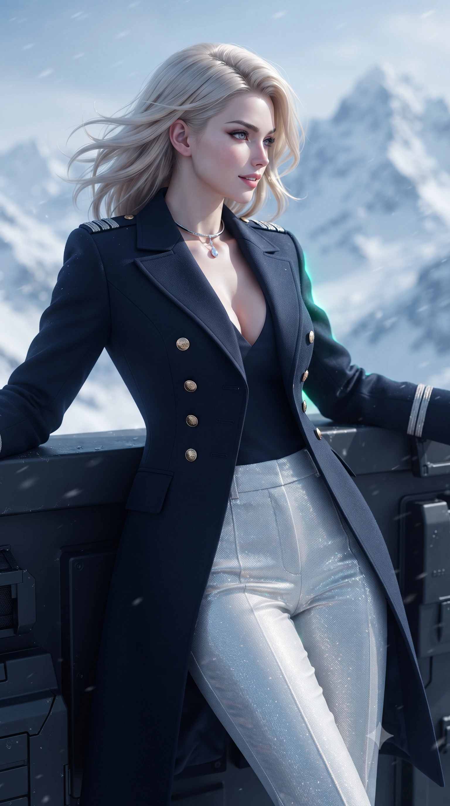 score_9, masterpiece, best quality, ultra-detailed, high-budget anime keyframe, editorial fashion photography, tasteful artistic composition, Caucasian woman. close-up cowboy shot from the waist and thighs up, the character dominates the composition, filling the frame with her large presence. turning slowly with an enchanting smoldering smile, her glossy hair tossing in the breeze as her hips angle gracefully in a captivating contrapposto while leaning against the tactical parapet with hips cocked back, looking through illuminated holographic sniper optics toward frozen mountain peaks with bedroom-eyes. The background shows a soft-focus fine wind-whipped powder snow softened in high-altitude mountain outpost shallow focus. She has an exceptionally elegant, slender, and willowy female figure with an ultra-slim waist, flat toned midriff, narrow ribcage, and sculpted feminine hips creating an alluring, slim hourglass silhouette without bulk. sharp v-shaped jawline, high-bridge nose, intricate jewel-like sparkling eyes with depth, thick eyelashes, glossy parted lips with a natural peach sheen, bright cheerful beaming smile with an enchanting and coquettish sensual glint, exuding both youthful cute charm and seductive allure, flawlessly proportioned anatomical accuracy, strict slender model proportions, natural body alignment, perfectly sculpted long slender limbs, ultra-slim waistline, clean dynamic posture without body distortion. wearing a tailored flight command officer coat in midnight navy with structured lapels, metallic rank braids, and tailored slim trousers in holographic prismatic pearl and aerospace white, tailored from high-density tech-wool with subtle metallic thread weave, finished with a minimalist chrome choker and a single teardrop diamond pendant, the bespoke structured tailoring following the natural line of her 8.5-heads silhouette with refined elegance. illuminated by snow crust reflection bounce and sharp aurora-emerald rim lights sculpting her jawline, narrow waist, and curvy hips. ultra-reflective glossy finish, specular highlights, rich textural contrasts, high-contrast stereoscopic depth, volumetric dynamic lighting, 2k, ultra detail, master piece, 9:16 ratio