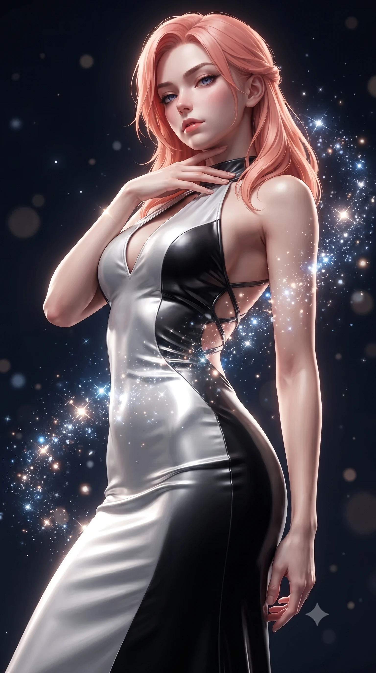 score_9, masterpiece, best quality, ultra-detailed, high-budget anime keyframe, editorial fashion photography, tasteful artistic composition, Japanese woman. close-up cowboy shot from the waist and thighs up, the character dominates the composition, filling the frame with her large presence. resting her fingers lightly against her throat while looking down with a smoldering, haughty yet intensely captivating glance while arching her spine in a fluid zero-gravity turn as cosmic stardust and diamond reflections outline her sculpted torso. The composition keeps background elements in soft focus with creamy bokeh. sparkling diamond stardust motes scattering celestial light across a deep space backdrop. She has an exceptionally elegant, slender, and willowy female figure with an ultra-slim waist, a gracefully sculpted slender torso, toned flat midriff, and a refined slim silhouette. sharp v-shaped jawline, high-bridge nose, intricate jewel-like eyes with depth, thick eyelashes, glossy lips with a natural sheen, flawlessly proportioned anatomical accuracy, strict slender model proportions, natural body alignment, perfectly sculpted long slender limbs, ultra-slim waistline, clean dynamic posture without body distortion. wearing a velvet halter-neck midi dress fitting her statuesque contour flawlessly with a Tasteful chest slit and open spine in high-gloss monochrome white and sharp black contrast, made of liquid metal jersey that clings flawlessly to every contour of her build, complemented by criss-cross back straps highlighting her completely bare spine, the glove-like aerodynamic second-skin fit tightly clinging to her ultra-slender waist and athletic curves without adding bulk, accentuating her razor-sharp statuesque lines and slim hourglass silhouette. surrounded by an awe-inspiring, divine, and radiantly sensual cosmic goddess aura. ultra-reflective glossy finish, specular highlights, metallic sheen, high-contrast stereoscopic depth, volumetric dynamic lighting, 2k, ultra detail, master piece, 9:16 ratio