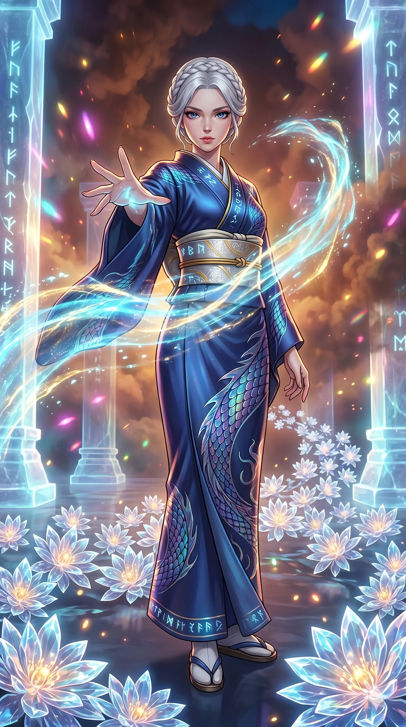 score_9, masterpiece, best quality, ultra-detailed, Set A: High-budget Anime Keyframe, Japanese woman. Low angle cowboy shot filling the entire 9:16 frame with her statuesque presence. Theme: Ethereal Dream. unleashing a massive energy wave in a temple made of solid light, while she leaves a trail of 96 blooming crystal flowers. The atmosphere is filled with heavy smog with neon flares. She has an absolutely perfect 8-heads proportion, an exceptionally tall and slender female figure with impossibly long slender legs and an ultra-slim waist. Sharp v-shaped jawline, high-bridge nose, intricate jewel-like eyes with depth, glossy lips. Wearing Iridescent dragon-scale bikini under a translucent silk kimono with glowing runes. Cinematic lighting, vivid colors, dramatic shadows, 2k, ultra detail, master piece, 9:16 ratio