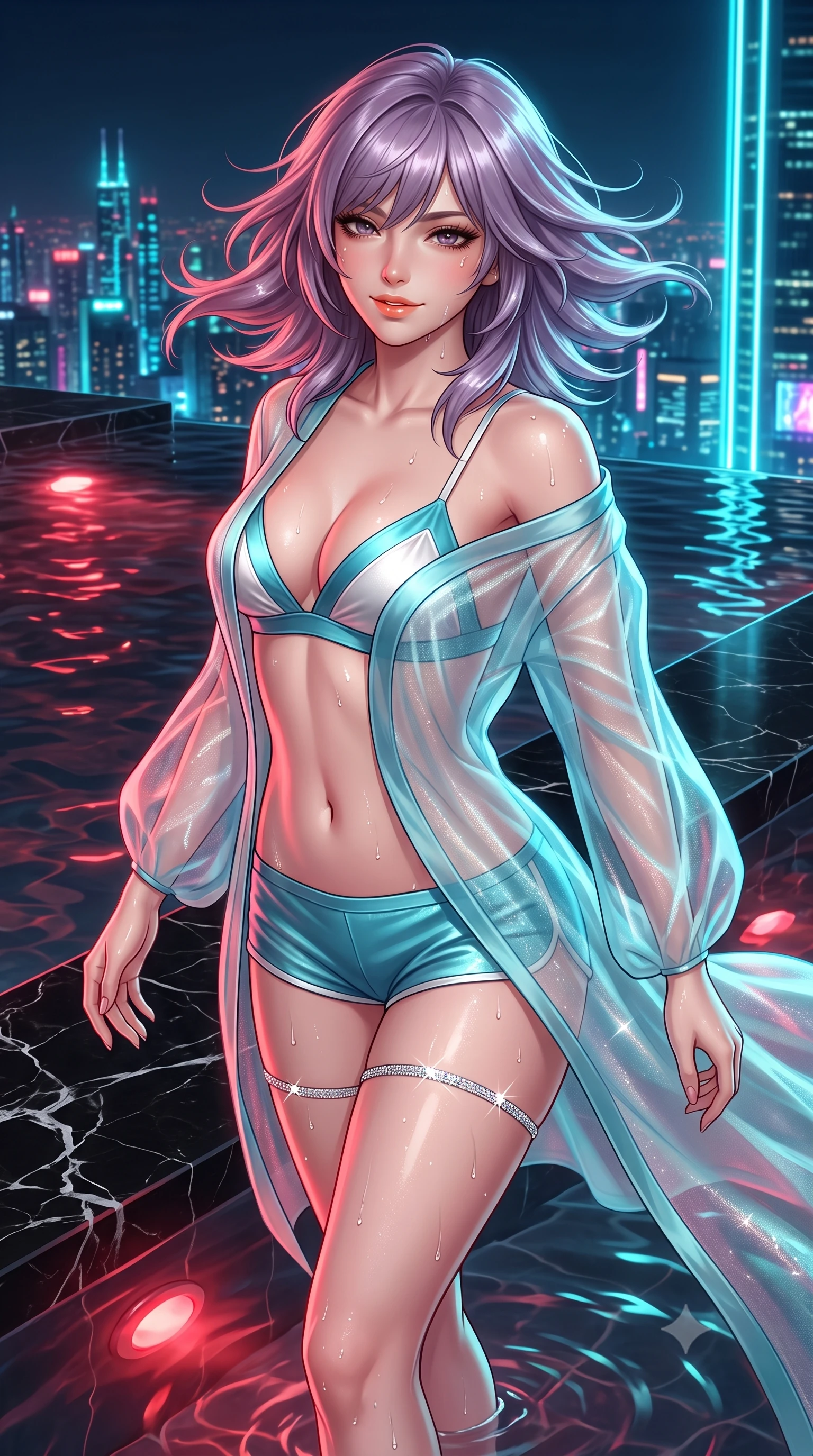 score_9, masterpiece, best quality, ultra-detailed, high-budget anime keyframe, semi-realistic 3D game render, editorial fashion photography, tasteful artistic composition, Japanese woman. close-up cowboy shot from the waist and thighs up, the character dominates the composition, filling the frame with her large presence. turning slowly with an enchanting smoldering smile, her glossy hair tossing in the breeze as her hips angle gracefully in a captivating contrapposto while twisting her slender torso in an alluring S-curve at the water's edge, glowing underwater crimson lamps and neon city reflections tracing her curves. The surrounding environment is rendered in vivid detail and crisp panoramic clarity: sharp white calcite veins in black Marquina marble, glistening water droplets on toned dewy skin, and clear pool coping edge in deep focus. She has an exceptionally elegant, slender, and willowy female figure with an ultra-slim waist, flat toned midriff, narrow ribcage, and sculpted feminine hips creating an alluring, slim hourglass silhouette without bulk. sharp v-shaped jawline, high-bridge nose, sparkling eyes with hypnotic seductive depth, thick curled eyelashes, glossy parted lips with a natural dewy peach sheen, alluring bedroom-eyes with an enchanting coquettish smile, exuding magnetic siren charisma and sophisticated glamour, flawlessly proportioned anatomical accuracy, strict slender model proportions, natural body alignment, perfectly sculpted long slender limbs, ultra-slim waistline, clean dynamic posture without body distortion. wearing a sheer silk organza modern caftan robe worn loose and slipping off bare shoulders over a matching satin bralette and micro-shorts in Maldives ocean cyan and shimmering pearl white, woven from stretch metallic lurex jersey casting radiant starlight glints across her silhouette, finished with delicate crystal-encrusted thigh garter straps glinting in the dim light, the high-slit wrap tailoring accentuating her ultra-slim waistline and the enchanting curve of her feminine hips with alluring seductive charm. bathed in warm underwater crimson pool illumination paired with cold neon cyan ambient skyline glow. highly saturated vibrant anime colors, detailed shading with soft gradients, rich glossy textures, high-contrast stereoscopic depth, volumetric dynamic lighting, master piece, 9:16 ratio