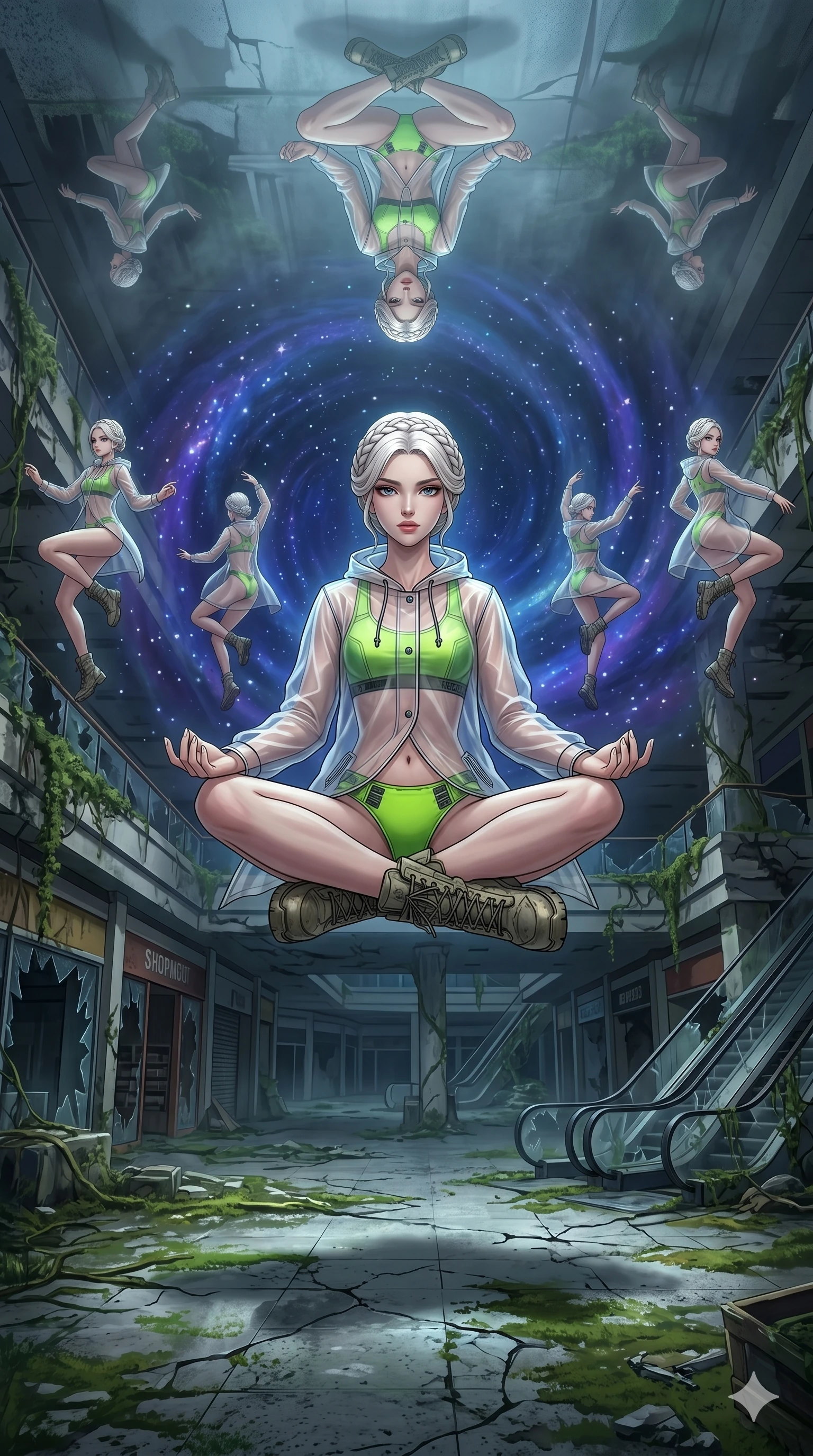 score_9, masterpiece, best quality, ultra-detailed, Set A: High-budget Anime Keyframe, Caucasian (human ears) woman. Low angle cowboy shot filling the entire 9:16 frame with her statuesque presence. Theme: Historical Remix. meditating in a ruined overgrown shopping mall, as her reflection in the air starts to dance independently 135. The atmosphere is filled with a swirling vortex of stars. She has an absolutely perfect 8-heads proportion, an exceptionally tall and slender female figure with impossibly long slender legs and an ultra-slim waist. Sharp v-shaped jawline, high-bridge nose, intricate jewel-like eyes with depth, glossy lips. Wearing Transparent rain-shell over a neon-green micro-swimwear and tactical boots. Cinematic lighting, vivid colors, dramatic shadows, 2k, ultra detail, master piece, 9:16 ratio
