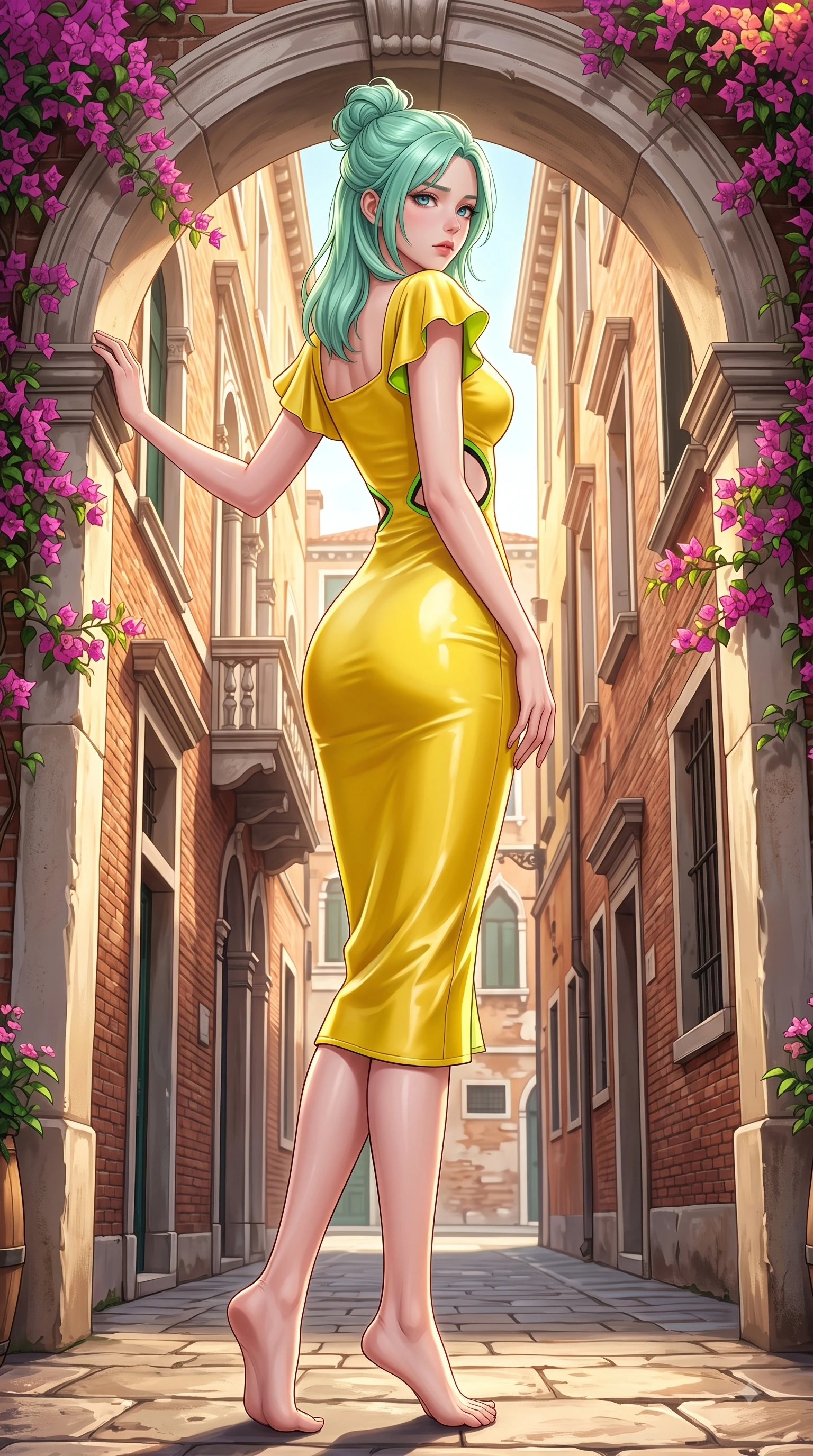 score_9, masterpiece, best quality, ultra-detailed, high-budget anime keyframe, editorial fashion photography, tasteful artistic composition, Japanese woman. low angle full-body shot from head to toe showing her feet, filling the entire 9:16 vertical frame with her statuesque presence, stretching her vertical silhouette. Subtle lingering regret in her eyes, looking back over her shoulder with an emotional, reluctant glance while leaning against a classic stone archway framed by trailing bougainvillea flowers. The surrounding environment is rendered in vivid detail and crisp panoramic clarity. rich golden sunlight streaming between historic brick facades rendered with vivid environmental detail. She has an absolutely perfect, statuesque 8.5-heads proportion, an exceptionally tall and slender model-like female figure with impossibly long slender legs and an ultra-slim waist. sharp v-shaped jawline, high-bridge nose, intricate jewel-like eyes with depth, thick eyelashes, glossy lips with a natural sheen, flawlessly proportioned anatomical accuracy, natural body alignment, perfectly sculpted elegant limbs, clean dynamic posture without body distortion. wearing a sleek daffodil yellow sleeveless knit midi dress with subtle side cutouts in bright lime green and sleek jet black, made of premium stretch velvet with a rich glossy sheen, featuring elegant flutter sleeves and a graceful square neckline, the form-contouring material accentuating her ultra-slim waist and long lines. surrounded by a sophisticated, cinematic, and timeless European editorial aura. highly saturated vibrant anime colors, detailed shading with soft gradients, rich glossy textures, high-contrast stereoscopic depth, volumetric dynamic lighting, master piece, 9:16 ratio