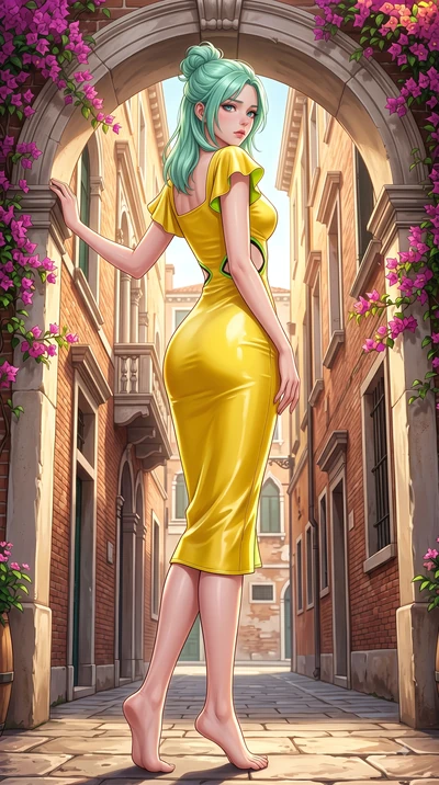 score_9, masterpiece, best quality, ultra-detailed, high-budget anime keyframe, editorial fashion photography, tasteful artistic composition, Japanese woman. low angle full-body shot from head to toe showing her feet, filling the entire 9:16 vertical