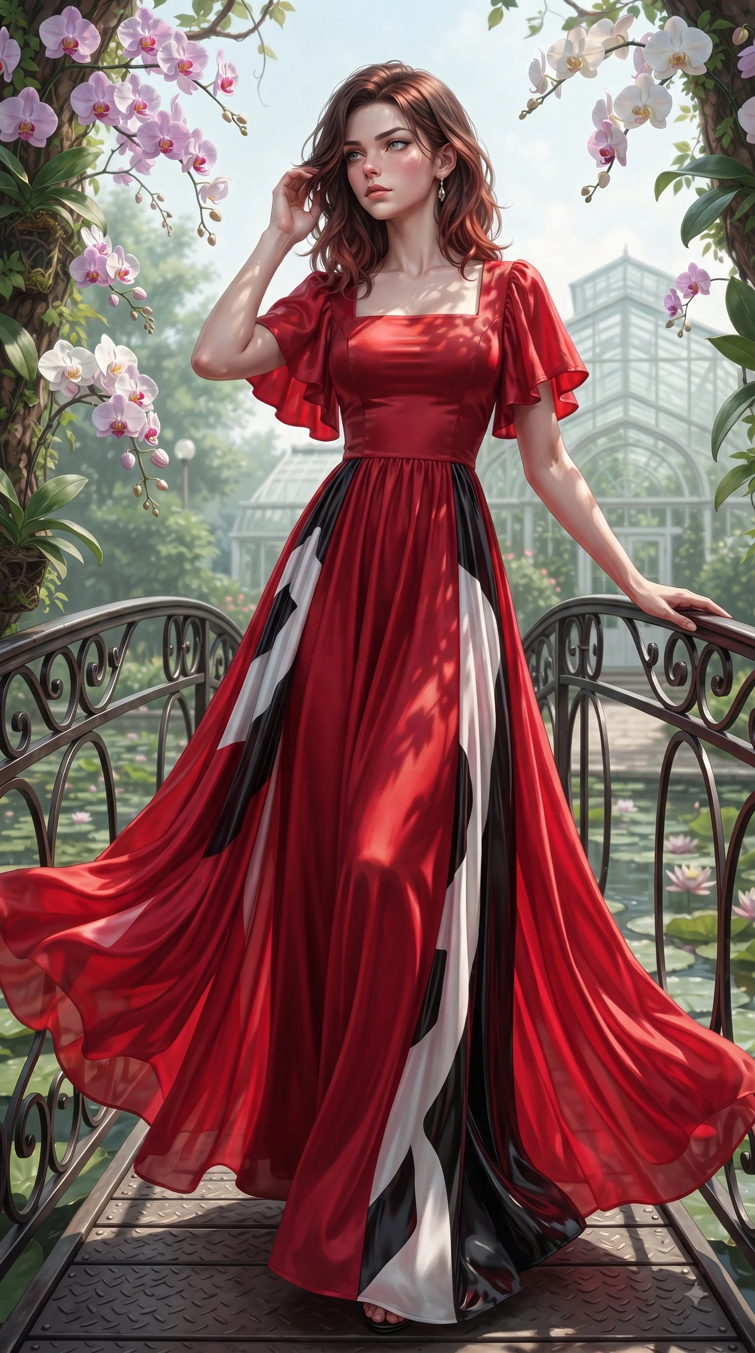 score_9, masterpiece, best quality, ultra-detailed, high-budget anime keyframe, editorial fashion photography, tasteful artistic composition, Korean woman. low angle full-body shot from head to toe showing her feet, filling the entire 9:16 vertical frame with her statuesque presence, stretching her vertical silhouette. Cool disdainful expression looking past the camera with effortless superiority and a stoic facial line while pivoting gracefully on a wrought-iron bridge over a lotus pond dripping with morning dew. The surrounding environment is rendered in vivid detail and crisp panoramic clarity. vibrant orchid blossoms, lotus pond ripples, and detailed greenhouse pathways in deep focus. She has an absolutely perfect, statuesque 8.5-heads proportion, an exceptionally tall and slender model-like female figure with impossibly long slender legs and an ultra-slim waist. sharp v-shaped jawline, high-bridge nose, intricate jewel-like eyes with depth, thick eyelashes, glossy lips with a natural sheen, flawlessly proportioned anatomical accuracy, natural body alignment, perfectly sculpted elegant limbs, clean dynamic posture without body distortion. wearing a vibrant scarlet red chiffon maxi dress with a dramatic flowing skirt in monochrome white and glossy black contrast, made of premium stretch velvet with a rich glossy sheen, featuring elegant flutter sleeves and a graceful square neckline, the tailored fit highlighting her statuesque and model-like silhouette. illuminated by fresh botanical ambient glow with organic leaf stencil shadows. ultra-reflective glossy finish, specular highlights, metallic sheen, high-contrast stereoscopic depth, volumetric dynamic lighting, 2k, ultra detail, master piece, 9:16 ratio