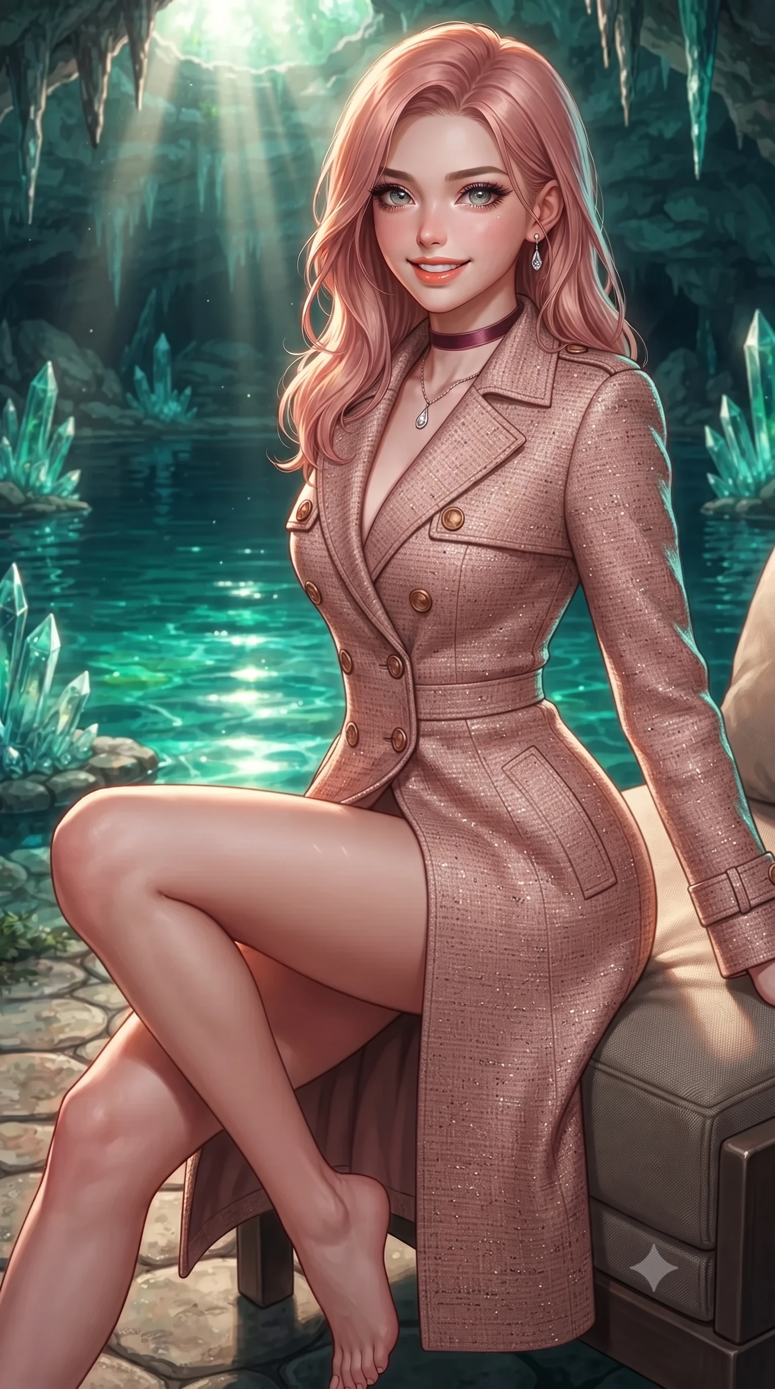 score_9, masterpiece, best quality, ultra-detailed, high-budget anime keyframe, editorial fashion photography, tasteful artistic composition, Japanese woman. close-up cowboy shot from the waist and thighs up, the character dominates the composition, filling the frame with her large presence. perched sideways on the lounge seat, one knee drawn up to showcase her slender leg line while her arched back accentuates her feminine hip curve while twisting her slender torso in an alluring contrapposto stance, shimmering emerald water reflections and celestial sunbeams caressing her flat midriff and hips. The surrounding environment is rendered in vivid detail and crisp panoramic clarity: sharp dripstone mineral crystal facets, circular stone walkway textures, and crystal-clear underground pool water caustics in deep focus. She has an exceptionally elegant, slender, and willowy female figure with an ultra-slim waist, flat toned midriff, narrow ribcage, and sculpted feminine hips creating an alluring, slim hourglass silhouette without bulk. sharp v-shaped jawline, high-bridge nose, intricate jewel-like sparkling eyes with depth, thick eyelashes, glossy parted lips with a natural peach sheen, bright cheerful beaming smile with an enchanting and coquettish sensual glint, exuding both youthful cute charm and seductive allure, flawlessly proportioned anatomical accuracy, strict slender model proportions, natural body alignment, perfectly sculpted long slender limbs, ultra-slim waistline, clean dynamic posture without body distortion. wearing a structured Tulum raw silk safari trench coat with horn buttons and storm flaps in rose-quartz blush and burnished copper, woven from structured British tweed with subtle metallic flecks, finished with a thin velvet ribbon choker and a single teardrop diamond pendant, the impeccably tailored cut draping gracefully along her slender figure with aristocratic poise. illuminated by emerald pool surface specular bounce and sharp gold-cyan dual rim lights sculpting her razor-sharp jawline, narrow waist, and curvy hips. ultra-reflective glossy finish, specular highlights, rich textural contrasts, high-contrast stereoscopic depth, volumetric dynamic lighting, 2k, ultra detail, master piece, 9:16 ratio