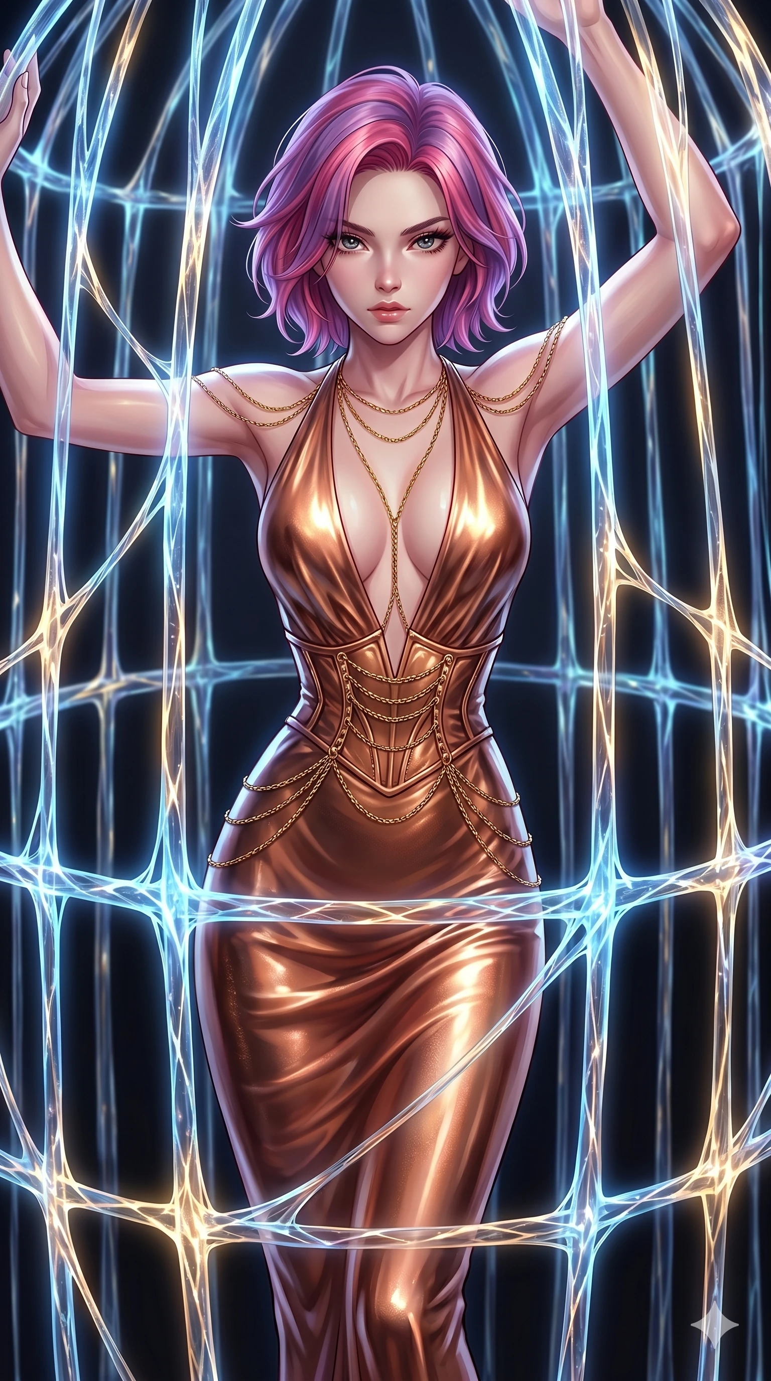 score_9, masterpiece, best quality, ultra-detailed, High-budget Anime Keyframe, East Asian woman. Dynamic full-body shot stretching the vertical silhouette to the limit. Scenario 192: Trapped in a cage of glowing crystalline fibers, body pressing against the bars. Her presence is magnetic and overpowering in this high-budget anime scene. Outfit 192: A molten liquid silk second with a plunging V-neckline and fine gold chains. The clothing is designed to emphasize her exceptionally tall and slender 8-heads proportion. 8-heads proportion, towering silhouette, ultra-slim waist. sharp v-shaped jawline, intricate jewel-like eyes with depth, thick eyelashes, glossy lips. 2k, ultra detail, master piece, 9:16 ratio