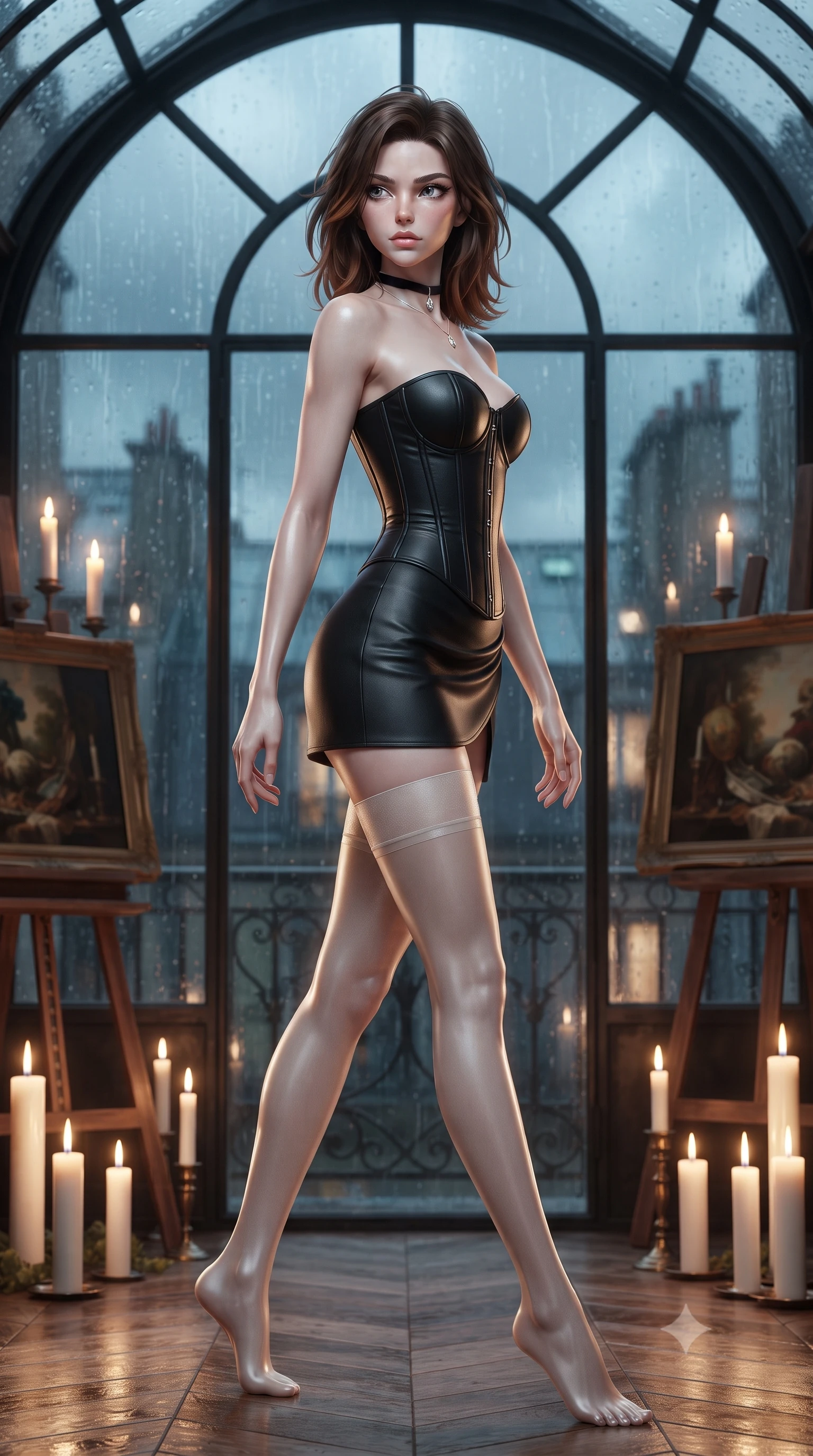 score_9, masterpiece, best quality, ultra-detailed, high-budget anime keyframe, editorial fashion photography, tasteful artistic composition, Korean woman. low angle full-body shot from head to toe showing her feet, filling the entire 9:16 vertical frame with her statuesque presence, stretching her vertical silhouette. walking along the terrace with poise, looking back over her bare shoulder with an irresistible smoldering bedroom-gaze while standing tall beside the arched iron greenhouse window with hips cocked back, looking out over rainy Paris zinc rooftops with bedroom-eyes. The background shows a soft-focus cast-iron pitched greenhouse skylights with rain streaks, antique oil paintings on easels, and Paris zinc roofs blurred into slate, emerald, and amber bokeh. She has an absolutely perfect, statuesque 8.5-heads proportion, an exceptionally tall and slender model-like female figure with impossibly long slender legs, an ultra-slim waist, a flat toned midriff, narrow delicate ribcage, and beautifully sculpted feminine hips creating a graceful, slim hourglass silhouette without any bulky heaviness. sharp v-shaped jawline, high-bridge nose, sparkling eyes with hypnotic seductive depth, thick curled eyelashes, glossy parted lips with a natural dewy peach sheen, alluring bedroom-eyes with an enchanting coquettish smile, exuding magnetic siren charisma and sophisticated glamour, flawlessly proportioned anatomical accuracy, strict slender model proportions, natural body alignment, perfectly sculpted long slender limbs, ultra-slim waistline, clean dynamic posture without body distortion. wearing a structured boned leatherette corset bodice paired with an ultra-short micro-wrap mini skirt and sheer thigh-high stockings in pure pearl alabaster with platinum sheen, made of semi-opaque stretch illusion mesh with soft shadowy contours, finished with a thin velvet ribbon choker and a single teardrop diamond pendant, the precision-cut side openings and low-back scoop framing her graceful spine and the sensual sweep of her slim, toned hips. bathed in the flickering warmth of clusters of tall church candles mixed with cool midnight rain ambient light. ultra-reflective glossy finish, specular highlights, rich textural contrasts, high-contrast stereoscopic depth, volumetric dynamic lighting, 2k, ultra detail, master piece, 9:16 ratio