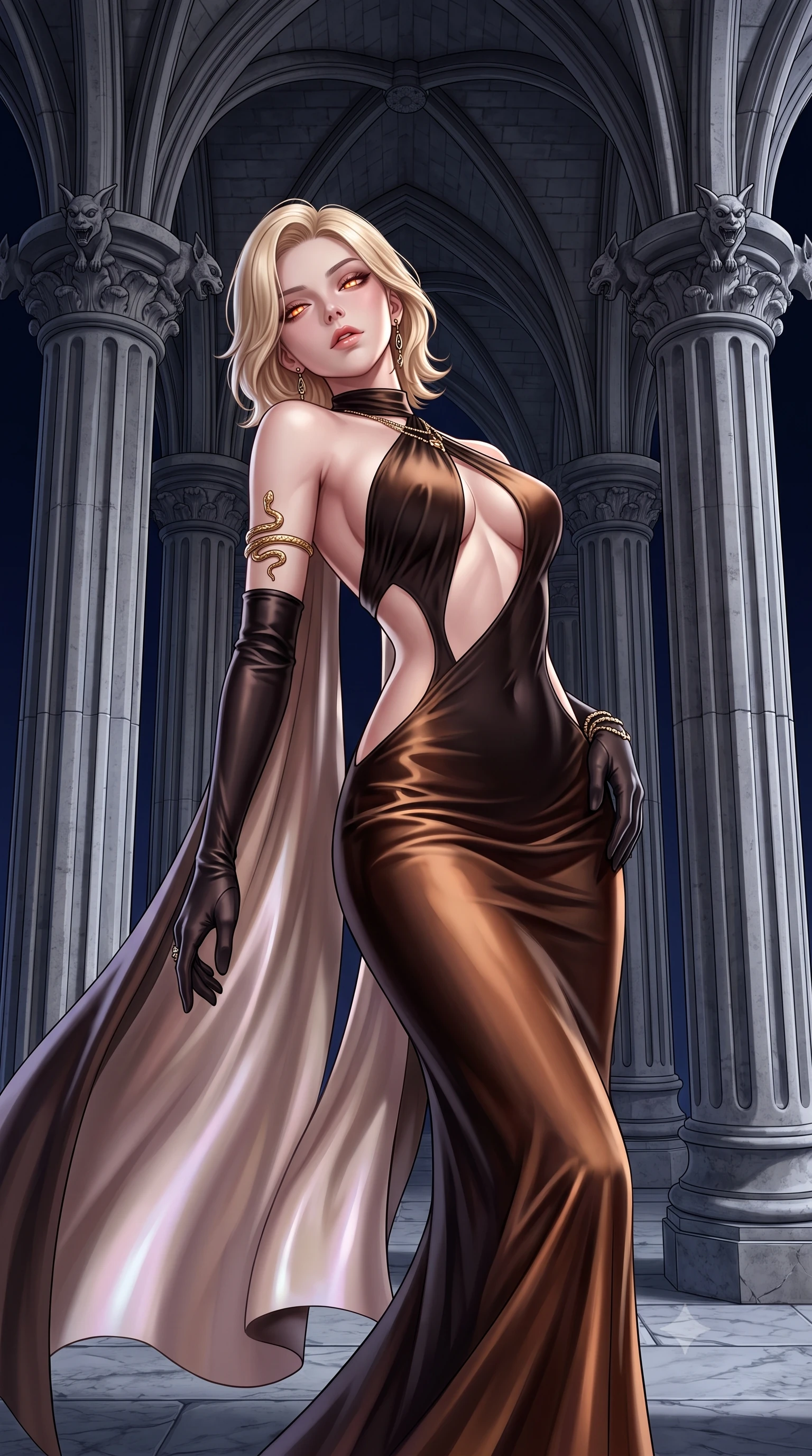 score_9, masterpiece, best quality, ultra-detailed, high-budget anime keyframe, semi-realistic 3D game render, editorial fashion photography, tasteful artistic composition, Caucasian woman. close-up cowboy shot from the waist and thighs up, the character dominates the composition, filling the frame with her large presence. leaning back with relaxed seductive grace, her sculpted collarbones highlighted by light, casting smoldering bedroom-eyes directly into the lens while standing poised between towering fluted stone columns, eyes glowing with hypnotic intensity under the velvet night sky. The surrounding environment is rendered in vivid detail and crisp panoramic clarity. intricate stone rib vaulting, gothic gargoyle carvings, and cold marble flagstone textures in deep focus. She has an exceptionally elegant, slender, and willowy female figure with an ultra-slim waist, a gracefully sculpted slender torso, toned flat midriff, and a refined slim silhouette. sharp v-shaped jawline, high-bridge nose, intricate jewel-like eyes with depth, thick eyelashes, glossy parted lips with a natural sheen, intensely captivating and seductive expression, flawlessly proportioned anatomical accuracy, strict slender model proportions, natural body alignment, perfectly sculpted long slender limbs, ultra-slim waistline, clean dynamic posture without body distortion. wearing a gothic siren halter-neck dress with dramatic diagonal torso cutouts and a trailing floor-length silk cape in shadowy espresso brown and molten bronze, tailored from ultra-smooth duchess satin with a pearlescent sheen, accessorized with opera-length black satin gloves and gold serpent armlet, the liquid-tight tailored fabric emphasizing every curve of her tall, slender model proportions and sculptured silhouette during dynamic movement. illuminated by crisp specular highlights defining her sculpted jawline, bare spine, and long limbs. highly saturated vibrant anime colors, detailed shading with soft gradients, rich glossy textures, high-contrast stereoscopic depth, volumetric dynamic lighting, master piece, 9:16 ratio