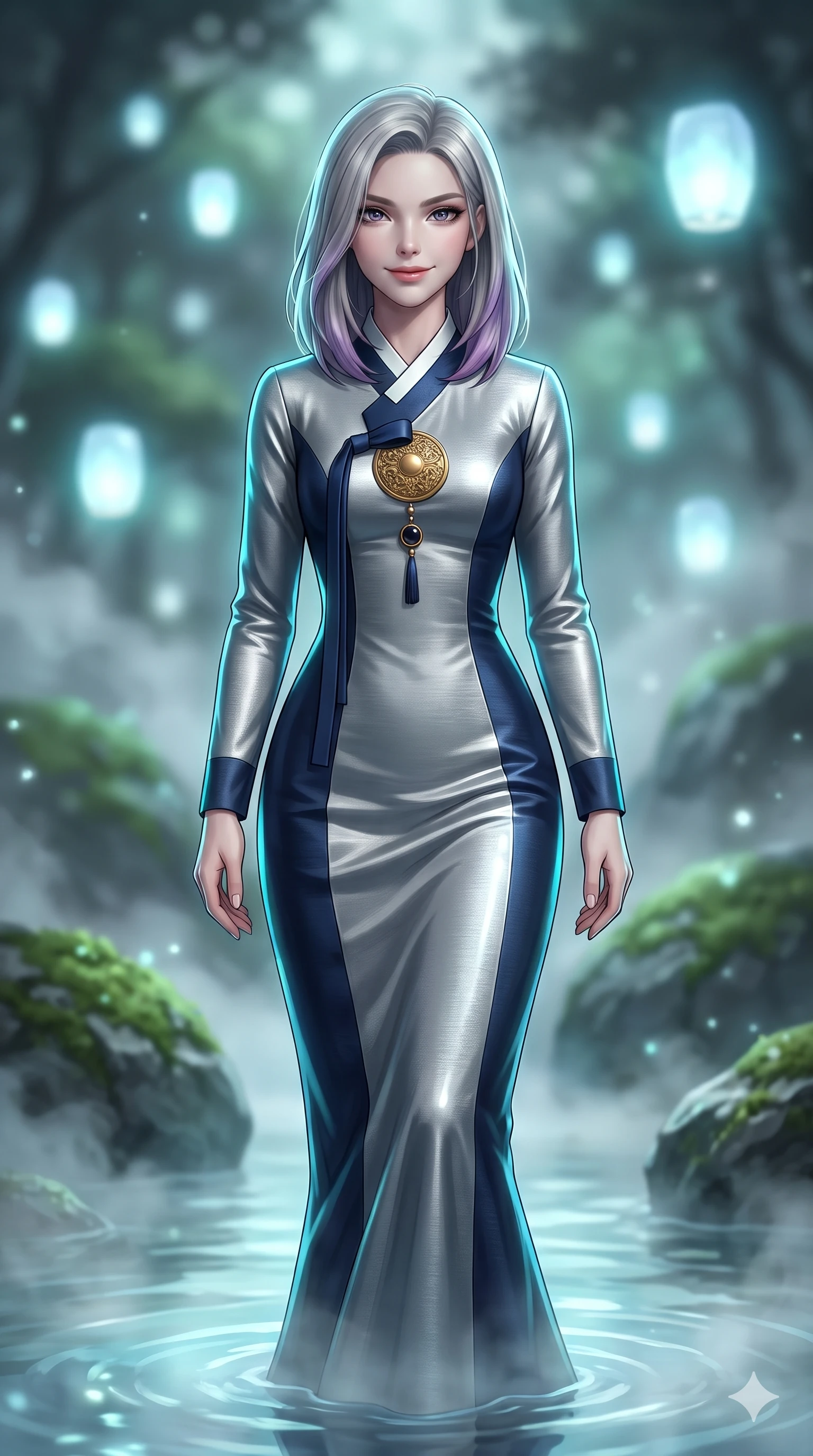 score_9, masterpiece, best quality, ultra-detailed, high-budget anime keyframe, semi-realistic 3D game render, editorial fashion photography, tasteful artistic composition, Caucasian woman. close-up cowboy shot from the waist and thighs up, the character dominates the composition, filling the frame with her large presence. smiling with quiet, magnetic self-assurance directly into the camera, her sculpted waistline catching specular moonbeam highlights while stepping gracefully through the misty spring waters, her long slender legs and curvy hourglass hips commanding the mystical grove. The background shows a soft-focus floating pale blue spirit lanterns, moss-covered boulders, and swirling mountain spring mist blurred into pale cyan, emerald, and charcoal bokeh. She has an exceptionally elegant, slender, and willowy female figure with an ultra-slim waist, flat toned midriff, narrow ribcage, and sculpted feminine hips creating an alluring, slim hourglass silhouette without bulk. sharp v-shaped jawline, high-bridge nose, sparkling eyes with hypnotic seductive depth, thick curled eyelashes, glossy parted lips with a natural dewy peach sheen, alluring bedroom-eyes with an enchanting coquettish smile, exuding magnetic siren charisma and sophisticated glamour, flawlessly proportioned anatomical accuracy, strict slender model proportions, natural body alignment, perfectly sculpted long slender limbs, ultra-slim waistline, clean dynamic posture without body distortion. wearing a tailored silk faille evening gown with traditional curved dongjeong collar and tailored sleeves in metallic liquid silver and deep sapphire navy, woven from bespoke Korean ramie fabric with crisp tactile slub texture, accented with an authentic engraved gold medallion and obsidian cabochons, the impeccably tailored cut draping gracefully along her slender figure with aristocratic eastern poise. illuminated by spring water surface bounce and sharp cyan-aquamarine rim lights defining her razor-sharp jawline, narrow waist, and curvy hips. highly saturated vibrant anime colors, detailed shading with soft gradients, rich glossy textures, high-contrast stereoscopic depth, volumetric dynamic lighting, master piece, 9:16 ratio