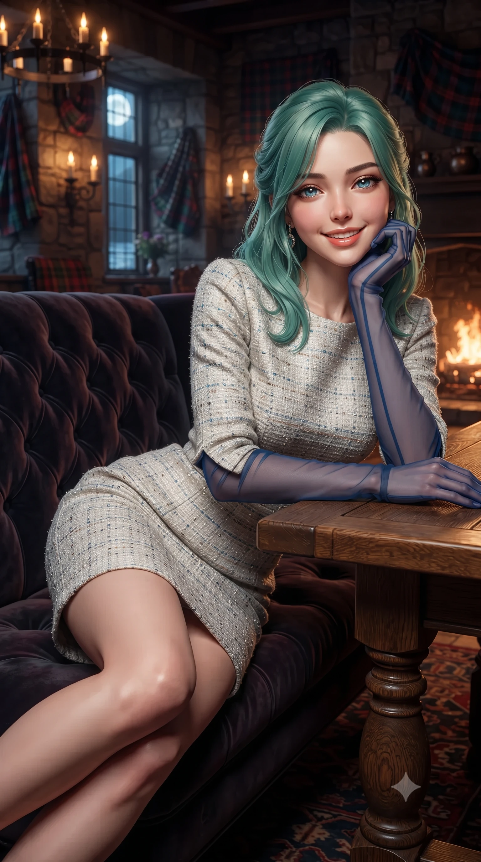 score_9, masterpiece, best quality, ultra-detailed, high-budget anime keyframe, editorial fashion photography, tasteful artistic composition, Japanese woman. close-up cowboy shot from the waist and thighs up, the character dominates the composition, filling the frame with her large presence. resting one elbow on the table and supporting her chin, leaning close to the camera with heavy-lidded sparkling eyes and parted lips while lounging gracefully across the high-backed tufted velvet settee propped on one elbow with legs extended, displaying her long slender limbs and statuesque hourglass silhouette with regal poise. The background shows a soft-focus flickering iron candelabra chandeliers, antique Scottish clan tartans on stone walls, and moonlit Loch Duich waters through mullioned windows blurred into amber, emerald, and peat bokeh. She has an exceptionally elegant, slender, and willowy female figure with an ultra-slim waist, flat toned midriff, narrow ribcage, and sculpted feminine hips creating an alluring, slim hourglass silhouette without bulk. sharp v-shaped jawline, high-bridge nose, intricate jewel-like sparkling eyes with depth, thick eyelashes, glossy parted lips with a natural peach sheen, bright cheerful beaming smile with an enchanting and coquettish sensual glint, exuding both youthful cute charm and seductive allure, flawlessly proportioned anatomical accuracy, strict slender model proportions, natural body alignment, perfectly sculpted long slender limbs, ultra-slim waistline, clean dynamic posture without body distortion. wearing an aristocratic French Normandy jacquard brocade shift dress with bracelet sleeves in Normandy Étretat alabaster chalk white and Atlantic cobalt, woven from structured British tweed with subtle metallic flecks, complemented by sheer opera-length evening gloves tracing her slender arms, the impeccably tailored cut draping gracefully along her slender figure with aristocratic poise. bathed in the warm radiant 2200K glow of the roaring stone fireplace mixed with soft tallow candle flame sconces. ultra-reflective glossy finish, specular highlights, rich textural contrasts, high-contrast stereoscopic depth, volumetric dynamic lighting, 2k, ultra detail, master piece, 9:16 ratio
