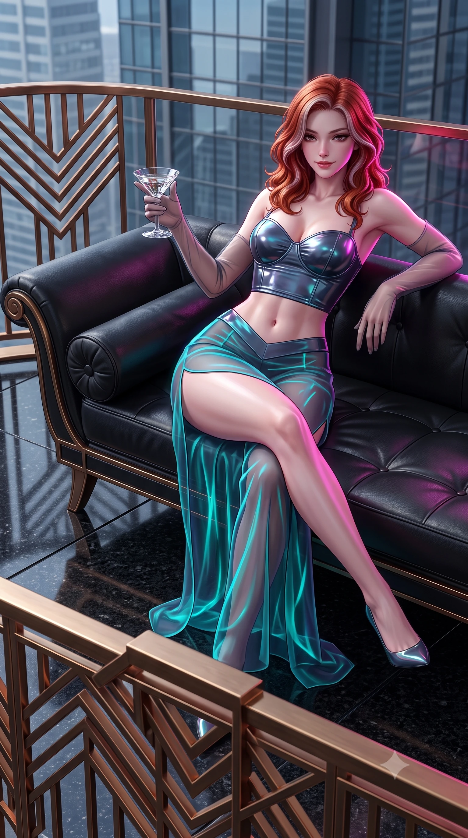 score_9, masterpiece, best quality, ultra-detailed, high-budget anime keyframe, semi-realistic 3D game render, editorial fashion photography, tasteful artistic composition, Caucasian woman. low angle full-body shot from head to toe showing her feet, filling the entire 9:16 vertical frame with her statuesque presence, stretching her vertical silhouette. lounging on the lavish daybed with legs crossed and hips angled toward the camera, displaying her toned midriff and long slender limbs with effortless siren poise while lounging gracefully on the outdoor black leather chaise with legs extended, holding a crystal cocktail glass with effortless high-fashion cool. The surrounding environment is rendered in vivid detail and crisp panoramic clarity: sharp geometric Art Deco bronze railing chevrons, flamed black granite floor seams, and distant skyscraper glass facet clarity in deep focus. She has an absolutely perfect, statuesque 8.5-heads proportion, an exceptionally tall and slender model-like female figure with impossibly long slender legs, an ultra-slim waist, a flat toned midriff, narrow delicate ribcage, and beautifully sculpted feminine hips creating a graceful, slim hourglass silhouette without any bulky heaviness. sharp v-shaped jawline, high-bridge nose, sparkling eyes with hypnotic seductive depth, thick curled eyelashes, glossy parted lips with a natural dewy peach sheen, alluring bedroom-eyes with an enchanting coquettish smile, exuding magnetic siren charisma and sophisticated glamour, flawlessly proportioned anatomical accuracy, strict slender model proportions, natural body alignment, perfectly sculpted long slender limbs, ultra-slim waistline, clean dynamic posture without body distortion. wearing a wet-look form-fitting vinyl bustier paired with sheer chiffon high-slit wide-leg trousers in bioluminescent neon teal and starlight silver, tailored from fine structural neoprene with crisp architectural edges and smooth contouring, complemented by sheer opera-length evening gloves tracing her slender arms, the high-slit wrap tailoring accentuating her ultra-slim waistline and the enchanting curve of her feminine hips with alluring seductive charm. illuminated by polished granite reflection fill and sharp electric-magenta rim lights sculpting her razor-sharp jawline, narrow waist, and curvy hips. highly saturated vibrant anime colors, detailed shading with soft gradients, rich glossy textures, high-contrast stereoscopic depth, volumetric dynamic lighting, master piece, 9:16 ratio
