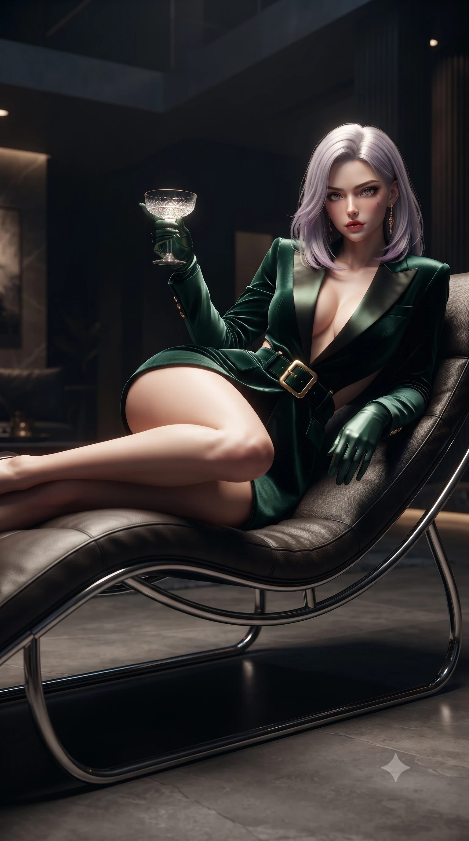 score_9, masterpiece, best quality, ultra-detailed, high-budget anime keyframe, editorial fashion photography, tasteful artistic composition, Caucasian woman. low angle full-body shot from head to toe showing her feet, filling the entire 9:16 vertical frame with her statuesque presence, stretching her vertical silhouette. reclining on her side in an elegant Cleopatra pose with one knee drawn up, the dramatic contour of her rounded hips and long slender legs commanding the 9:16 vertical frame while reclining on an avant-garde curved leather chaise lounge propped on one elbow, smoldering eyes locked onto the viewer with dangerous allure. The surrounding environment is rendered in vivid detail and crisp panoramic clarity. detailed haute couture dress seam lines, leather upholstery grain, and designer hardware in high clarity. She has an exceptionally tall and slender model-like 8.5-heads proportion, an ultra-slim waist, a flat toned midriff, narrow delicate ribcage, and beautifully sculpted feminine hips creating a graceful, slim hourglass silhouette without any bulky heaviness, with impossibly long slender legs. sharp v-shaped jawline, high-bridge nose, intricate jewel-like eyes with depth, thick eyelashes, glossy parted lips with a natural sheen, intensely captivating and seductive bedroom-eyes expression, flawlessly proportioned anatomical accuracy, strict slender model proportions, natural body alignment, perfectly sculpted long slender limbs, ultra-slim waistline, clean dynamic posture without body distortion. wearing a tailored velvet tuxedo jacket dress with satin lapels, worn with a deep plunge neckline and gold hip buckle in deep emerald green satin and gold hardware, tailored from ultra-smooth duchess satin with a pearlescent sheen, accessorized with opera-length satin gloves and a vintage crystal glass, the precision-cut side openings and low-back scoop framing her graceful spine and the sensual sweep of her slim, toned hips. bathed in precise architectural LED spotlight beams and soft floor-level ambient fill. ultra-reflective glossy finish, specular highlights, rich textural contrasts, high-contrast stereoscopic depth, volumetric dynamic lighting, 2k, ultra detail, master piece, 9:16 ratio
