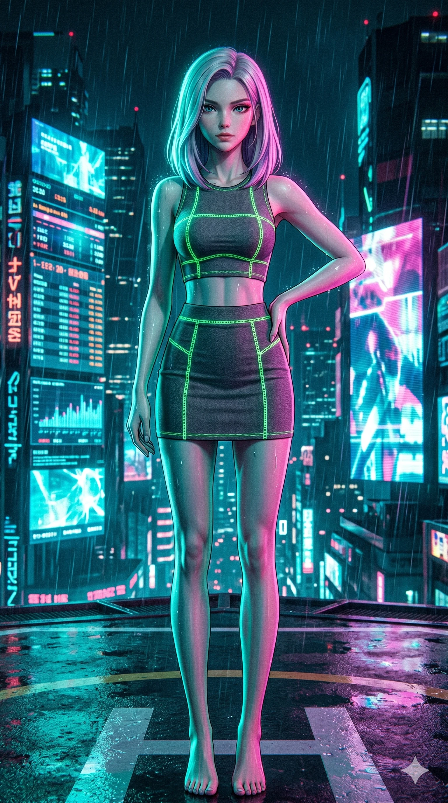 score_9, masterpiece, best quality, ultra-detailed, high-budget anime keyframe, editorial fashion photography, tasteful artistic composition, Caucasian woman, strictly human ears. cowboy shot from the thighs up, character and outfit filling the frame for maximum editorial presence. Gazing past the camera with an air of effortless superiority atop a high-rise helipad overlooking a rainy cyber-city illuminated by giant video billboards. She has an absolutely perfect 8-heads proportion, an exceptionally tall and slender female figure with impossibly long slender legs and an ultra-slim waist. V-shaped jawline, high-bridge nose, intricate jewel-like eyes with depth, thick eyelashes, glossy lips with a natural sheen. wearing a fitted crop top and matching mini skirt in charcoal grey tech-knit, featuring glowing neon-green flatlock stitching along all seams. under intense neon teal and magenta split-lighting creating vivid chromatic contrast on her figure. 2k, ultra detail, master piece, 9:16 ratio
