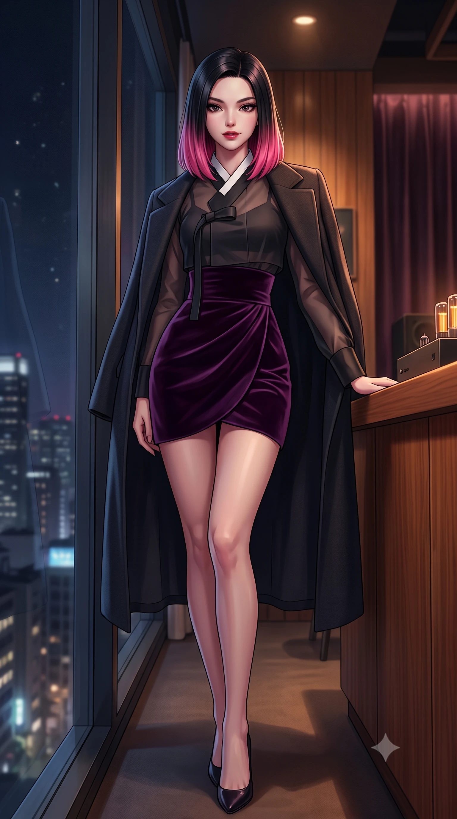 score_9, masterpiece, best quality, ultra-detailed, high-budget anime keyframe, semi-realistic 3D game render, editorial fashion photography, tasteful artistic composition, Korean woman. low angle full-body shot from head to toe showing her feet, filling the entire 9:16 vertical frame with her statuesque presence, stretching her vertical silhouette. leaning back against the panoramic glass window with hips cocked back in an unapologetically alluring high-fashion stance, illuminated by the city night vista while leaning against the warm wooden listening counter holding a whiskey glass, her smoldering gaze holding the lens with magnetic intensity. The composition keeps background elements in soft focus with dreamy creamy bokeh. dimly lit acoustic timber walls and private booth drapes softened in intimate audiophile shallow focus. She has an exceptionally tall and slender model-like 8.5-heads proportion, an ultra-slim waist, a flat toned midriff, narrow delicate ribcage, and beautifully sculpted feminine hips creating a graceful, slim hourglass silhouette without any bulky heaviness, with impossibly long slender legs. sharp v-shaped jawline, high-bridge nose, intricate jewel-like dark sparkling eyes with dangerous depth, thick curled eyelashes, glossy parted lips with a rich wine sheen, smoldering seductive half-smile with bedroom-eyes, exuding effortless superiority and intoxicating dark allure, flawlessly proportioned anatomical accuracy, strict slender model proportions, natural body alignment, perfectly sculpted long slender limbs, ultra-slim waistline, clean dynamic posture without body distortion. wearing a modern fusion dark hanbok mini dress with a sheer silk organza jeogori and high-waisted velvet wrap skirt in rich plum violet and deep onyx black, tailored from fine lightweight midnight wool crepe with crisp architectural structure, complemented by an oversized dark cashmere coat draped casually over one shoulder, the liquid-tight tailored fabric clinging flawlessly to her narrow waist and rounded feminine hips, emphasizing every millimeter of her sculpted slim hourglass curves without any bulky heaviness. bathed in moody warm tube amplifier amber glow and dark walnut ambient bounce. highly saturated vibrant anime colors, detailed shading with soft gradients, rich glossy textures, high-contrast stereoscopic depth, volumetric dynamic lighting, master piece, 9:16 ratio