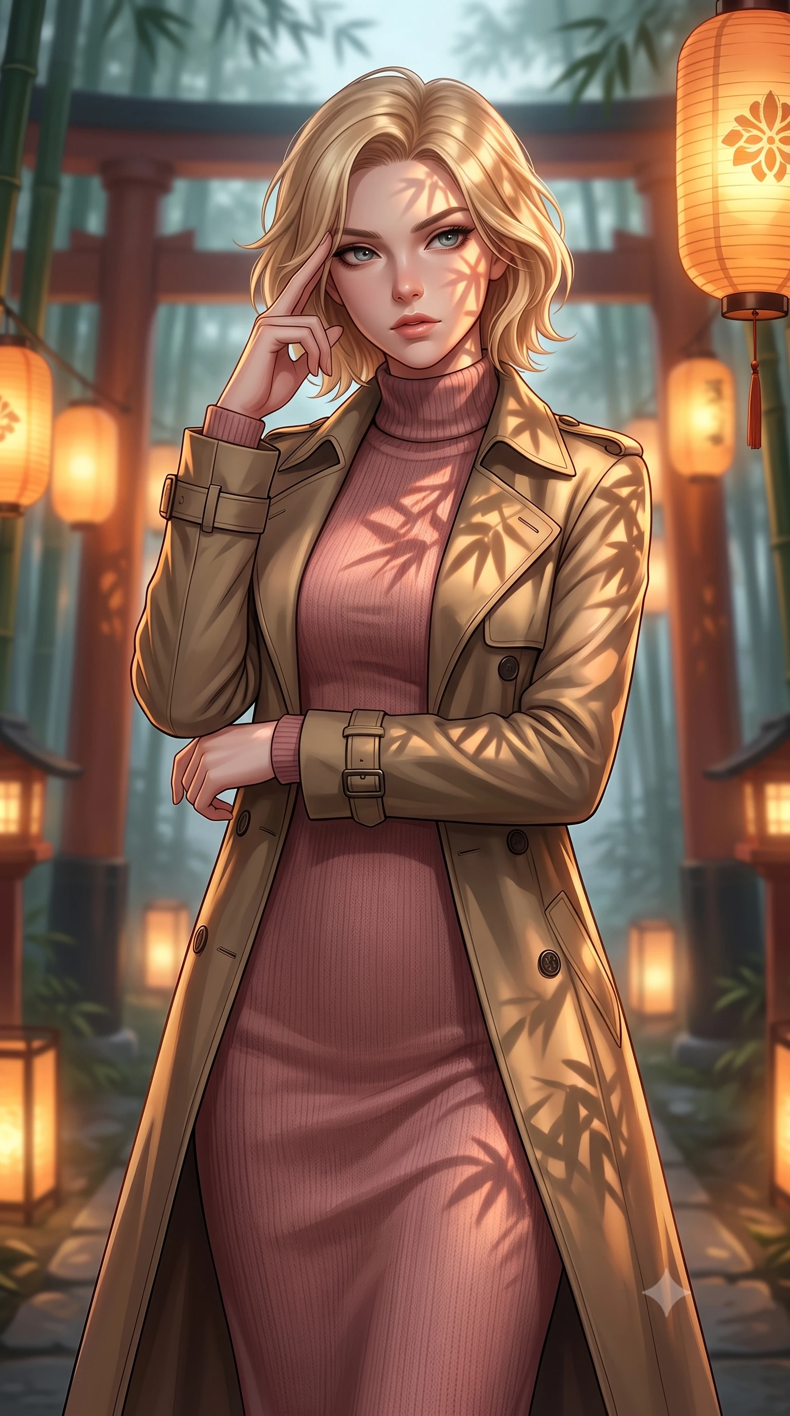 score_9, masterpiece, best quality, ultra-detailed, high-budget anime keyframe, editorial fashion photography, tasteful artistic composition, Caucasian woman woman. close-up cowboy shot from the waist and thighs up, the character dominates the composition, filling the frame with her large presence, background elements kept in soft focus. She has an exceptionally elegant, slender, and willowy female figure with an ultra-slim waist, a gracefully sculpted slender torso, and a refined silhouette. pressing two fingers to her temple in a composed gesture, gazing past the camera with sharp focus, flawlessly proportioned anatomical accuracy, natural body alignment, perfectly sculpted elegant limbs, clean dynamic posture without body distortion. set against a soft-focus background of a misty bamboo torii shrine path with glowing paper lanterns. wearing a classic tailored trench coat over a high-neck dusty rose knit midi dress. bathed in warm amber lantern light casting soft organic bamboo leaf stencil shadows. highly saturated vibrant anime colors, detailed shading with soft gradients, rich glossy textures, high-contrast stereoscopic depth, volumetric dynamic lighting, master piece, 9:16 ratio
