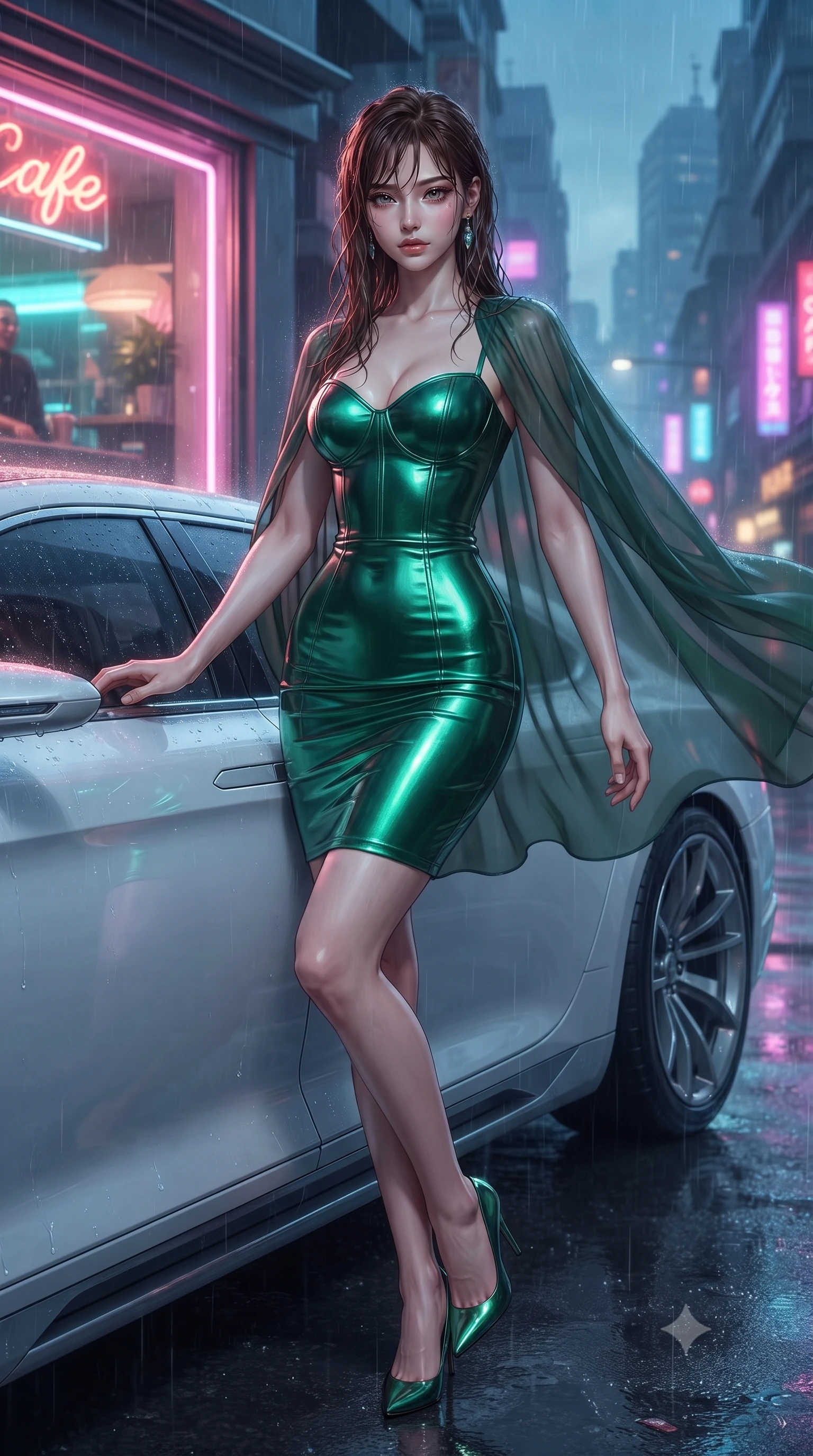 score_9, masterpiece, best quality, ultra-detailed, High-budget Anime Keyframe, editorial fashion photography, tasteful artistic composition, realistic cosplay photography, East Asian woman. Dynamic full-body shot stretching the vertical silhouette to the limit. Scenario 440: leaning against a sleek white hover-limousine by a glowing neon window at twilight with soft rain falling. Her presence is magnetic and overpowering in this high-budget cinematic scene. Outfit 440: a slim-fit emerald green liquid silk corset dress draped with a semi-transparent chiffon cape. The clothing is designed to emphasize her exceptionally tall and slender 8-heads proportion. 8-heads proportion, towering silhouette, ultra-slim waist. sharp v-shaped jawline, intricate jewel-like eyes with depth, thick eyelashes, glossy lips. ultra-reflective glossy finish, specular highlights, metallic sheen, high-contrast stereoscopic depth, volumetric dynamic lighting, 2k, ultra detail, master piece, 9:16 ratio