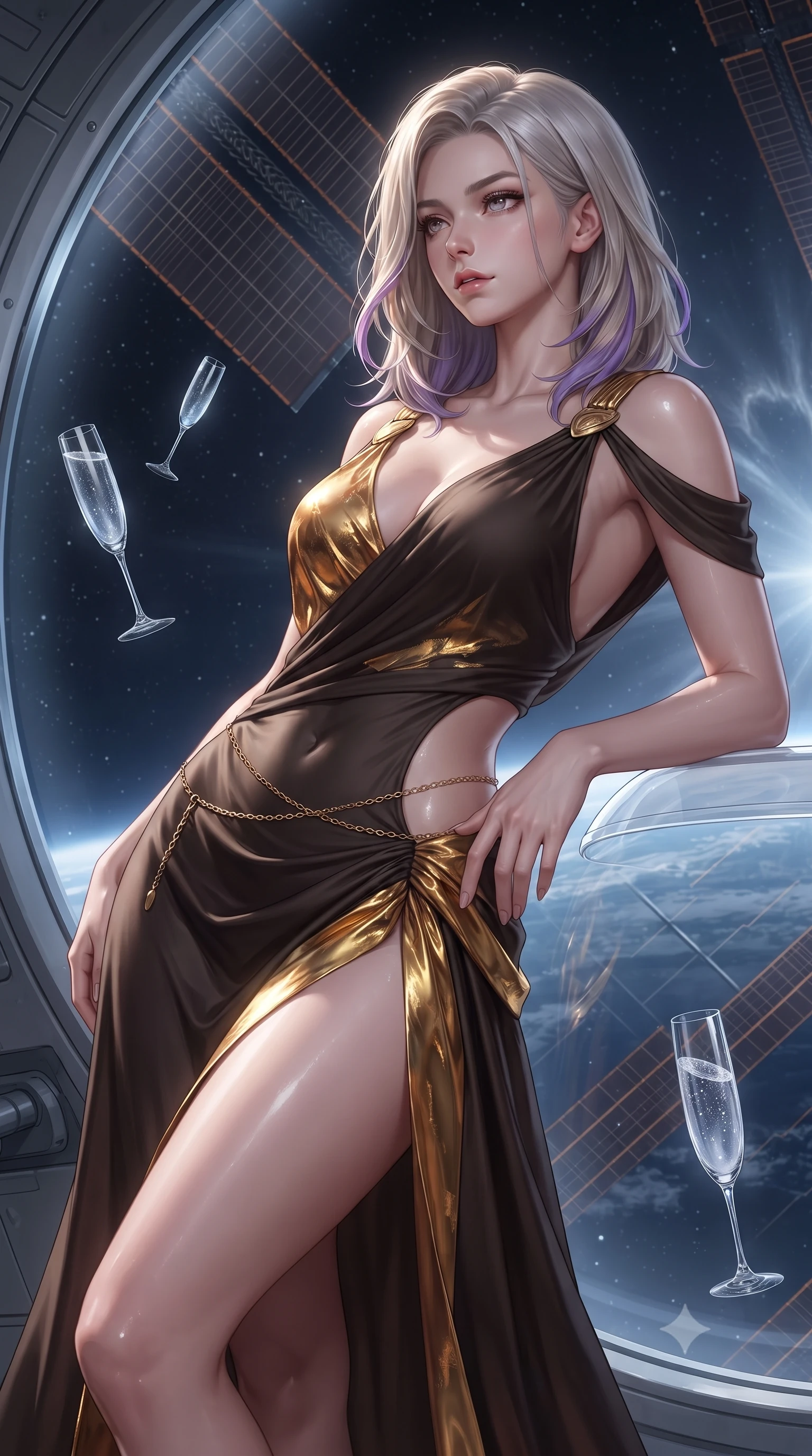 score_9, masterpiece, best quality, ultra-detailed, high-budget anime keyframe, editorial fashion photography, tasteful artistic composition, Caucasian woman. close-up cowboy shot from the waist and thighs up, the character dominates the composition, filling the frame with her large presence. arching her spine backward with effortless dancer poise, one hand sliding along her hip line as directional light carves specular highlights along her silhouette while leaning back against the quartz-glass sun-shield with hips cocked, casting an alluring, sovereign bedroom-gaze past floating zero-gravity crystal flutes. The surrounding environment is rendered in vivid detail and crisp panoramic clarity. sharp solar-sail structural cables, quartz viewport rivets, and solar corona filament textures in deep focus. She has an exceptionally elegant, slender, and willowy female figure with an ultra-slim waist, flat toned midriff, narrow ribcage, and sculpted feminine hips creating an alluring, slim hourglass silhouette without bulk. sharp v-shaped jawline, high-bridge nose, intricate jewel-like eyes with depth, thick eyelashes, glossy parted lips with a natural sheen, intensely captivating and seductive bedroom-eyes expression, flawlessly proportioned anatomical accuracy, strict slender model proportions, natural body alignment, perfectly sculpted long slender limbs, ultra-slim waistline, clean dynamic posture without body distortion. wearing a high-slit Grecian goddess draped gown with asymmetrical gold shoulder clasps and hip gathering in dark espresso brown and molten gold foil, tailored from liquid silk jersey adhering flawlessly to her slender build, accented with a delicate gold chain belt resting loosely on her curvy hips, the form-contouring material adhering flawlessly to her sculpted flat midriff and slender torso, emphasizing her long leg lines and perfectly proportioned willowy build. illuminated by cool starlight rim lighting defining her sculpted collarbones, ultra-slim waist, and curvy hips. ultra-reflective glossy finish, specular highlights, rich textural contrasts, high-contrast stereoscopic depth, volumetric dynamic lighting, 2k, ultra detail, master piece, 9:16 ratio