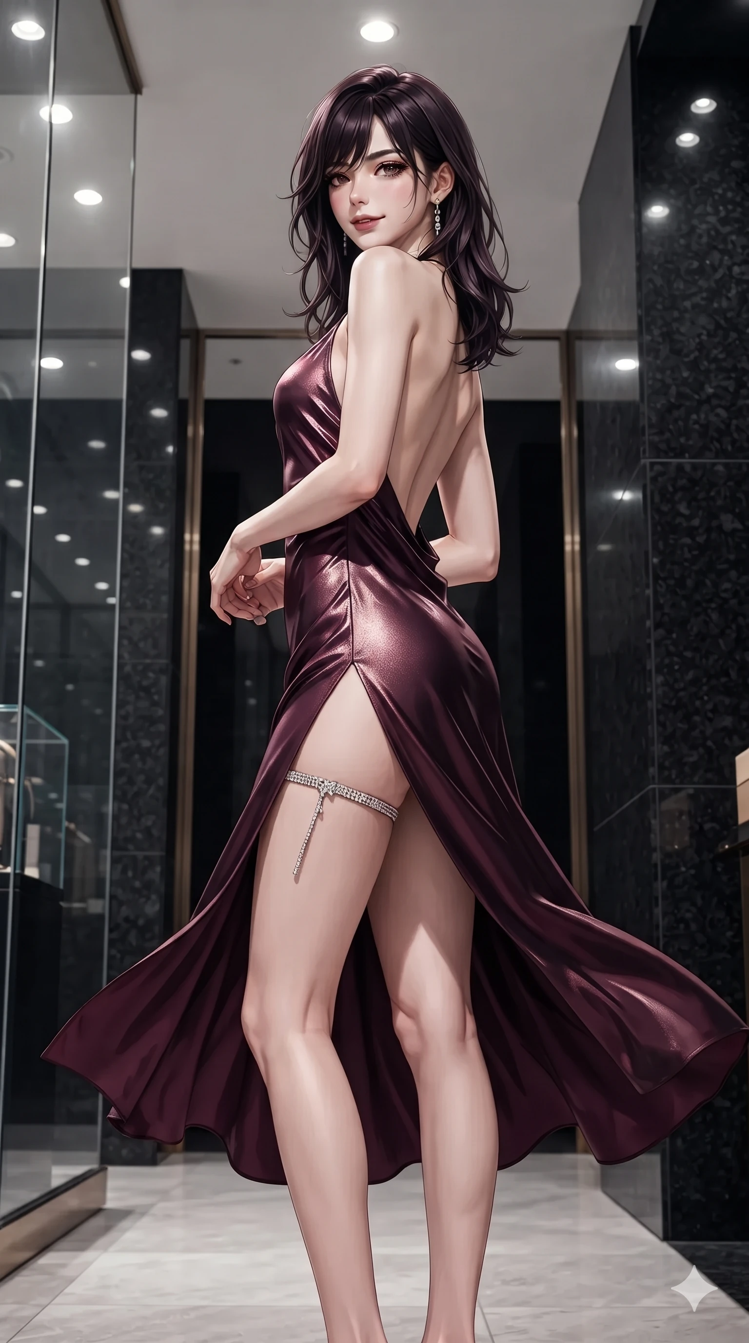 score_9, masterpiece, best quality, ultra-detailed, high-budget anime keyframe, editorial fashion photography, tasteful artistic composition, Japanese woman. low angle full-body shot from head to toe showing her feet, filling the entire 9:16 vertical frame with her statuesque presence, stretching her vertical silhouette. executing a slow, elegant turn as her liquid gown flutters around her slender legs, glancing over her shoulder with an intoxicating, seductive bedroom-gaze while twisting her slender torso in an alluring contrapposto stance, interior museum-quality spotlights tracing her narrow waist and rounded hips. The surrounding environment is rendered in vivid detail and crisp panoramic clarity: sharp seamless vitrine glass edges, honed black granite cladding, and polished brass door trim in deep focus. She has an exceptionally tall and slender model-like 8.5-heads proportion, an ultra-slim waist, a flat toned midriff, narrow delicate ribcage, and beautifully sculpted feminine hips creating a graceful, slim hourglass silhouette without any bulky heaviness, with impossibly long slender legs. sharp v-shaped jawline, high-bridge nose, intricate jewel-like dark sparkling eyes with dangerous depth, thick curled eyelashes, glossy parted lips with a rich wine sheen, smoldering seductive half-smile with bedroom-eyes, exuding effortless superiority and intoxicating dark allure, flawlessly proportioned anatomical accuracy, strict slender model proportions, natural body alignment, perfectly sculpted long slender limbs, ultra-slim waistline, clean dynamic posture without body distortion. wearing a provocative backless liquid lamé slip dress with plunging neckline and hip-high thigh slit in dark mulberry wine and antique champagne, woven from bespoke high-density barathea wool with refined ceremonial hold, finished with delicate crystal-encrusted thigh garter straps glinting in the neon glare, the bespoke structured tailoring following the natural line of her 8.5-heads silhouette with refined elegance. bathed in pristine 4500K museum-grade gallery lighting washing through the expansive glass facade. ultra-reflective glossy finish, specular highlights, rich textural contrasts, high-contrast stereoscopic depth, volumetric dynamic lighting, 2k, ultra detail, master piece, 9:16 ratio
