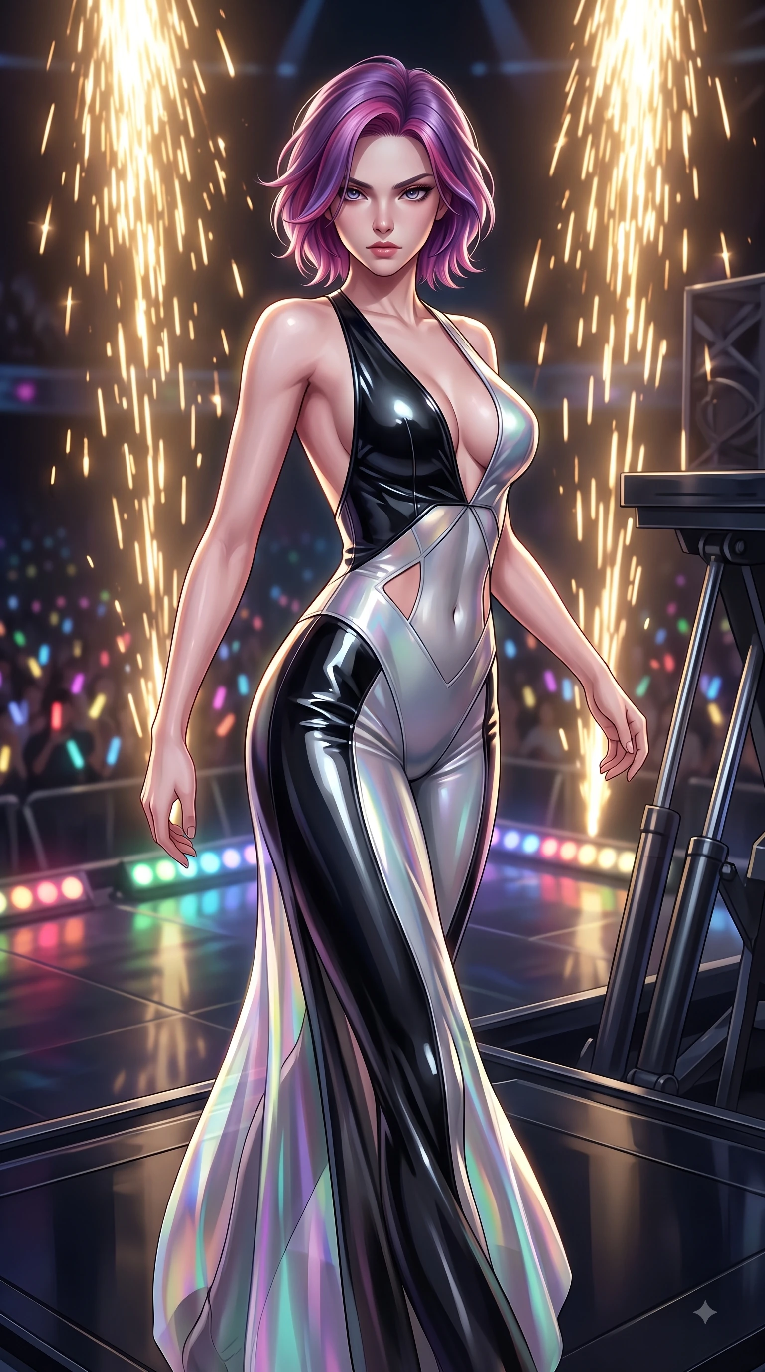 score_9, masterpiece, best quality, ultra-detailed, high-budget anime keyframe, editorial fashion photography, tasteful artistic composition, Caucasian woman. close-up cowboy shot from the waist and thighs up, the character dominates the composition, filling the frame with her large presence, background elements kept in soft focus. Gazing past the lens with smoldering intensity as her torso curves dynamically in mid-stride while poised on a hydraulic lift platform as golden pyrotechnic sparks rain down behind her, shiny dark stage surface reflecting every concert light beam vividly. She has an exceptionally elegant, slender, and willowy female figure with an ultra-slim waist, a gracefully sculpted slender torso, and a refined silhouette. sharp v-shaped jawline, high-bridge nose, intricate jewel-like eyes with depth, thick eyelashes, glossy lips with a natural sheen, flawlessly proportioned anatomical accuracy, natural body alignment, perfectly sculpted elegant limbs, clean dynamic posture without body distortion. wearing a translucent iridescent chiffon gown with a plunging neckline and open back in matte black and polished silver, tailored from high-gloss patent leather, featuring subtle geometric cutouts that highlight her ultra-slim midriff, the glove-like fit emphasizing her statuesque silhouette during motion. illuminated by golden spark explosions and high-contrast concert lighting. highly saturated vibrant anime colors, detailed shading with soft gradients, rich glossy textures, high-contrast stereoscopic depth, volumetric dynamic lighting, master piece, 9:16 ratio