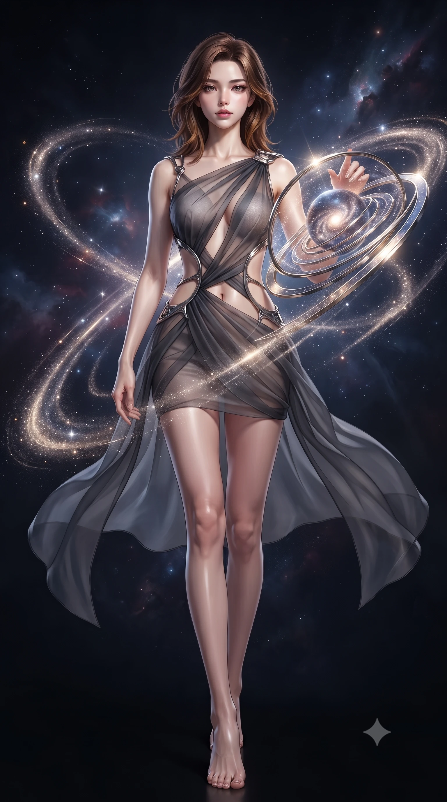 score_9, masterpiece, best quality, ultra-detailed, high-budget anime keyframe, editorial fashion photography, tasteful artistic composition, Korean woman. low angle full-body shot from head to toe showing her feet, filling the entire 9:16 vertical frame with her statuesque presence, stretching her vertical silhouette. stepping forward with proud posture, filling the vertical frame with her magnetic presence adjusting a luminous planetary orbital dial filled with galaxy dust, swirling galaxy dust creating luminous arcs in the air. She has an absolutely perfect, statuesque 8.5-heads proportion, an exceptionally tall and slender model-like female figure with impossibly long slender legs and an ultra-slim waist. sharp v-shaped jawline, high-bridge nose, intricate jewel-like eyes with depth, thick eyelashes, glossy lips with a natural sheen. wearing a dramatic open-waist cutout mini dress framed by sculptural hardware in charcoal grey and platinum, woven from fine semi-opaque sheer organza, featuring subtle geometric cutouts that highlight her ultra-slim midriff, the elegant draped fit framing her graceful clavicle and slender torso. surrounded by a glowing aura of starlight and shimmering celestial rays. ultra-reflective glossy finish, specular highlights, metallic sheen, high-contrast stereoscopic depth, volumetric dynamic lighting, 2k, ultra detail, master piece, 9:16 ratio