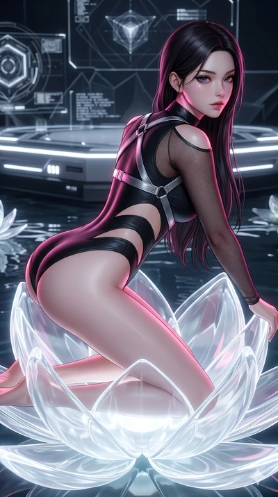 score_9, masterpiece, best quality, ultra-detailed, high-budget anime keyframe, semi-realistic 3D game render, Korean woman. Upper body close-up from the thighs up, character filling the screen for maximum presence. She is kneeling on a giant glowing