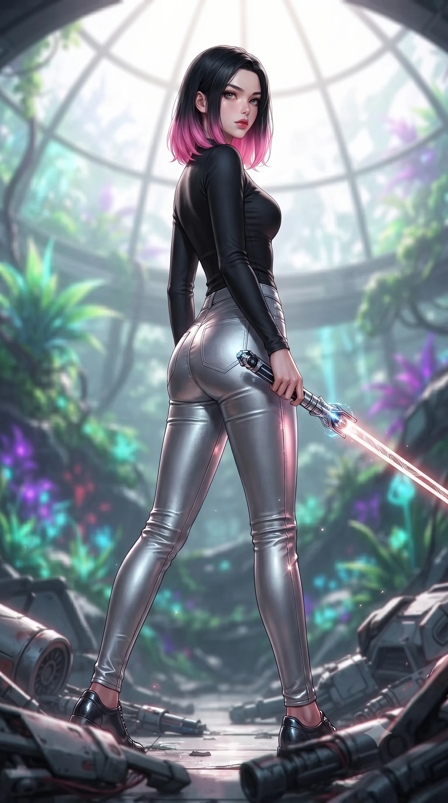 score_9, masterpiece, best quality, ultra-detailed, high-budget anime keyframe, editorial fashion photography, tasteful artistic composition, Korean woman. low angle full-body shot from head to toe showing her feet, filling the entire 9:16 vertical frame with her statuesque presence, stretching her vertical silhouette. stepping gracefully through battlefield debris with a glowing saber hilt in hand, looking back over her shoulder, the background shows a soft-focus an orbital greenhouse dome relying on raw unfiltered solar radiation. She has an absolutely perfect, statuesque 8.5-heads proportion, an exceptionally tall and slender model-like female figure with impossibly long slender legs and an ultra-slim waist. sharp v-shaped jawline, high-bridge nose, intricate jewel-like eyes with depth, thick eyelashes, glossy lips with a natural sheen. wearing a body-hugging body-hugging long-sleeve combat top in carbon-black, tucked into tight-fitting metallic silver skinny pants. soft green and purple bioluminescent plants filtering the intense white solar rays. ultra-reflective glossy finish, specular highlights, metallic sheen, high-contrast stereoscopic depth, volumetric dynamic lighting, 2k, ultra detail, master piece, 9:16 ratio