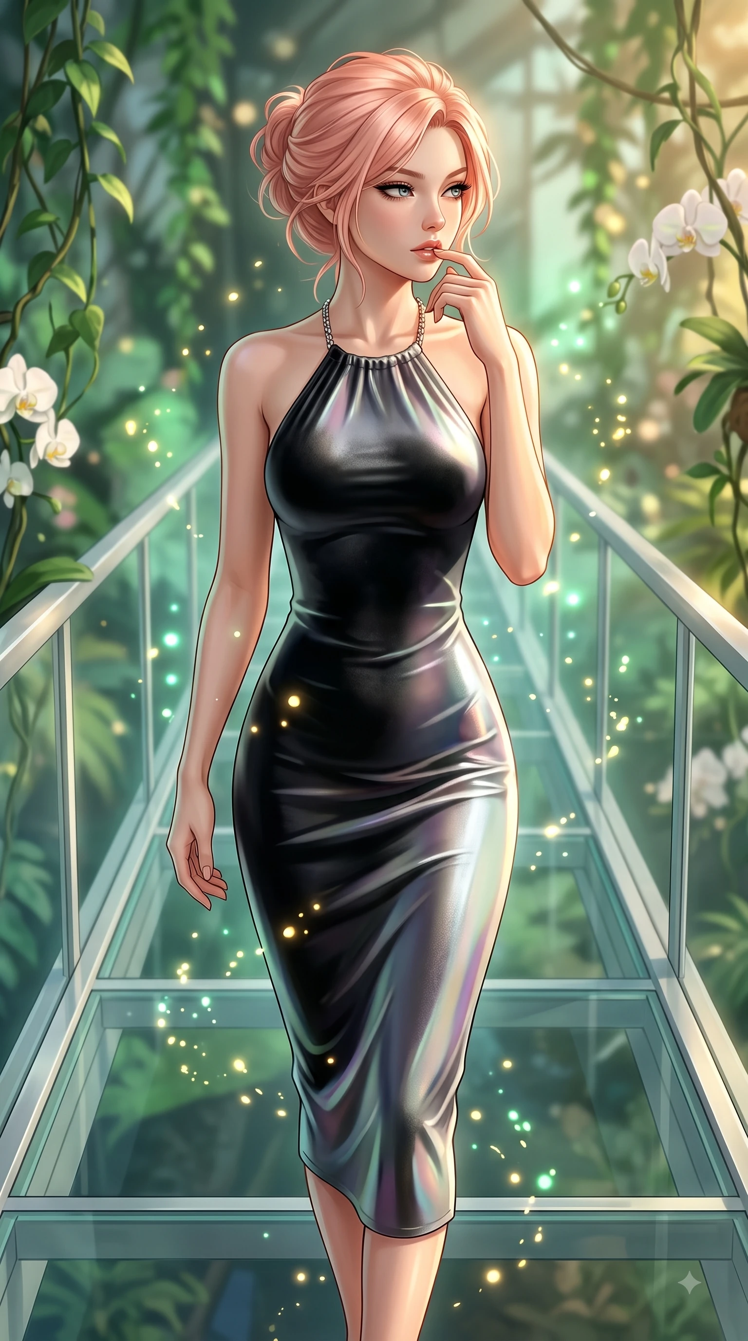 score_9, masterpiece, best quality, ultra-detailed, high-budget anime keyframe, editorial fashion photography, tasteful artistic composition, Japanese woman. close-up cowboy shot from the waist and thighs up, the character dominates the composition, filling the frame with her large presence, background elements kept in soft focus. Resting two fingers near her glossy lips, casting a sharp mysterious side-gaze during her dynamic motion while walking along a platinum-framed glass walkway flanked by lush green vines and white orchids, glowing pollen particles drifting gracefully around her statuesque silhouette. She has an exceptionally elegant, slender, and willowy female figure with an ultra-slim waist, a gracefully sculpted slender torso, and a refined silhouette. sharp v-shaped jawline, high-bridge nose, intricate jewel-like eyes with depth, thick eyelashes, glossy lips with a natural sheen, flawlessly proportioned anatomical accuracy, natural body alignment, perfectly sculpted elegant limbs, clean dynamic posture without body distortion. wearing a velvet halter-neck midi dress following her form like a glove in matte black and polished silver, crafted from iridescent chiffon that shifts colors in the light, adorned with delicate metallic chain straps along the neckline, the glove-like fit emphasizing her statuesque silhouette during motion. bathed in warm golden sunlight and soft emerald bioluminescent glow. ultra-reflective glossy finish, specular highlights, metallic sheen, high-contrast stereoscopic depth, volumetric dynamic lighting, 2k, ultra detail, master piece, 9:16 ratio