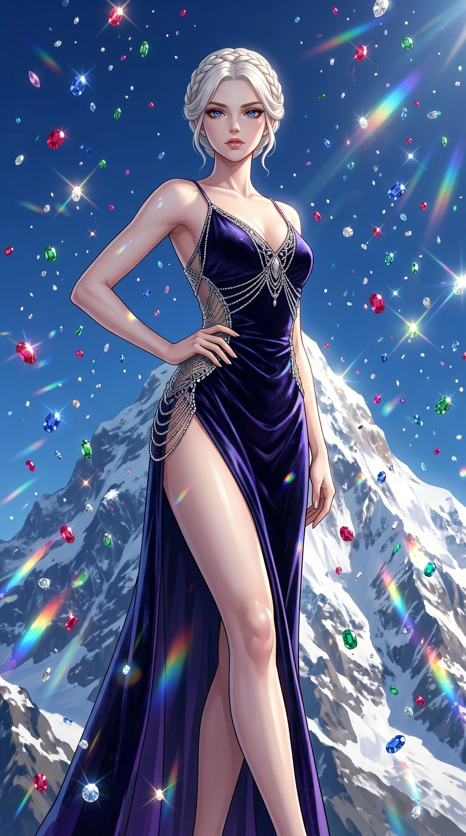 score_9, masterpiece, best quality, ultra-detailed, High-budget Anime Keyframe, beautiful Caucasian anime girl (strictly human ears). Low angle cowboy shot filling the entire 9:16 frame with her statuesque presence. Standing in a rain of colorful jewels on a mountain peak under a clear blue sky. She has an absolutely perfect 8-heads proportion, an exceptionally tall and slender female figure with impossibly long slender legs and an ultra-slim waist. Sharp v-shaped jawline, high-bridge nose, intricate jewel-like eyes with depth, thick eyelashes, glossy lips with a natural sheen. Wearing a High-Fashion Editorial outfit: velvet slip dress with a dangerously high side slit and silver accents. Background is a bright and colorful snowy mountain with thousands of falling gems and prismatic light. 2k, ultra detail, master piece, 9:16 ratio