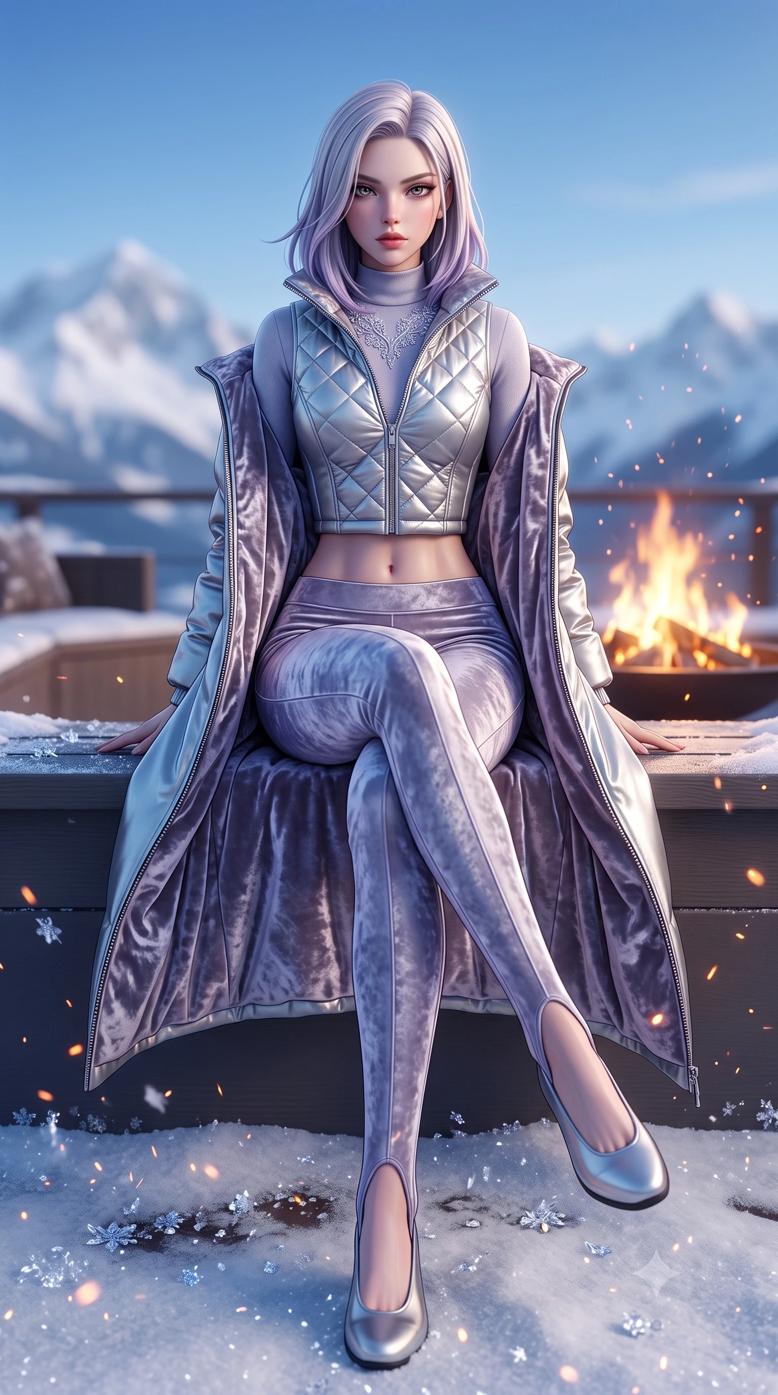 score_9, masterpiece, best quality, ultra-detailed, high-budget anime keyframe, semi-realistic 3D game render, editorial fashion photography, tasteful artistic composition, Caucasian woman. low angle full-body shot from head to toe showing her feet, filling the entire 9:16 vertical frame with her statuesque presence, stretching her vertical silhouette. sitting poised on the elevated edge with legs crossed and extended, her tall 8.5-heads proportions dominating the scene with effortless poise while striding through the fresh powder snow with sovereign elegance, arching her back as mountain winds flutter her open coat. The composition keeps background elements in soft focus with creamy bokeh. sparkling ice crystal flakes and rising fireplace sparks scattering enchanted light motes across the deck. She has an absolutely perfect, statuesque 8.5-heads proportion, an exceptionally tall and slender model-like female figure with impossibly long slender legs, a toned flat midriff, and an ultra-slim waist. sharp v-shaped jawline, high-bridge nose, intricate jewel-like eyes with depth, thick eyelashes, glossy parted lips with a natural sheen, intensely captivating and seductive expression, flawlessly proportioned anatomical accuracy, strict slender model proportions, natural body alignment, perfectly sculpted long slender limbs, ultra-slim waistline, clean dynamic posture without body distortion. wearing a metallic silver quilted corset puffer vest worn over a snug thermal mock-neck top and sleek ski stirrup pants in frosted lavender mist and metallic silver, crafted from crushed silk velvet with liquid frost-like luster, finished with delicate crystal frost embroidery tracing the collarbones, the snug thermal second-skin fit accentuating her razor-sharp statuesque lines and slim hourglass silhouette amidst the cold snow. bathed in crisp alpine blue sky ambient fill and warm roaring fire pit uplights. highly saturated vibrant anime colors, detailed shading with soft gradients, rich glossy textures, high-contrast stereoscopic depth, volumetric dynamic lighting, master piece, 9:16 ratio