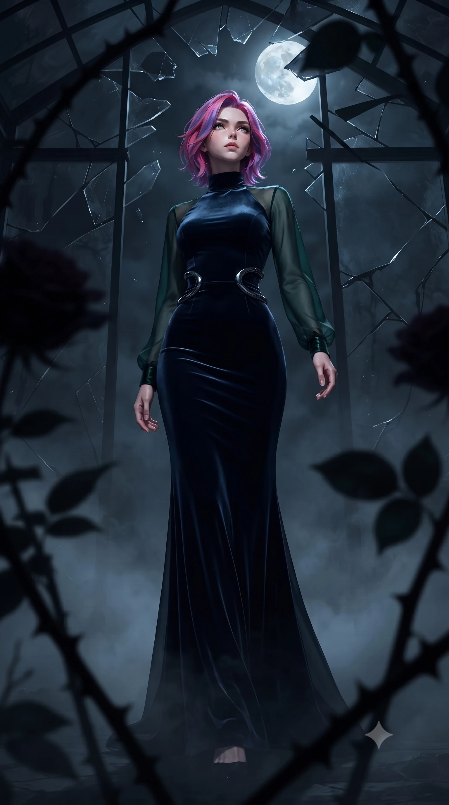 score_9, masterpiece, best quality, ultra-detailed, high-budget anime keyframe, editorial fashion photography, tasteful artistic composition, Caucasian woman. low angle full-body shot from head to toe showing her feet, filling the entire 9:16 vertical frame with her statuesque presence, stretching her vertical silhouette. forging confidently through the dark atmospheric mist, holding a poised statuesque stance, looking up at a blood moon through shattered dark greenhouse glass, shadowy rose thorn silhouettes creating dramatic foreground framing. She has an absolutely perfect, statuesque 8.5-heads proportion, an exceptionally tall and slender model-like female figure with impossibly long slender legs and an ultra-slim waist. sharp v-shaped jawline, high-bridge nose, intricate jewel-like eyes with depth, thick eyelashes, glossy lips with a natural sheen. wearing floor-length high-neck midnight navy velvet gown with long sleeves in deep emerald green, made of sheer dark organza overlay, accented with sculpted obsidian chrome rings at the waist, following her slender form with tailored precision. illuminated by cold silver moonlight filtering through dark greenhouse glass. highly saturated vibrant anime colors, detailed shading with soft gradients, rich glossy textures, high-contrast stereoscopic depth, volumetric dynamic lighting, master piece, 9:16 ratio
