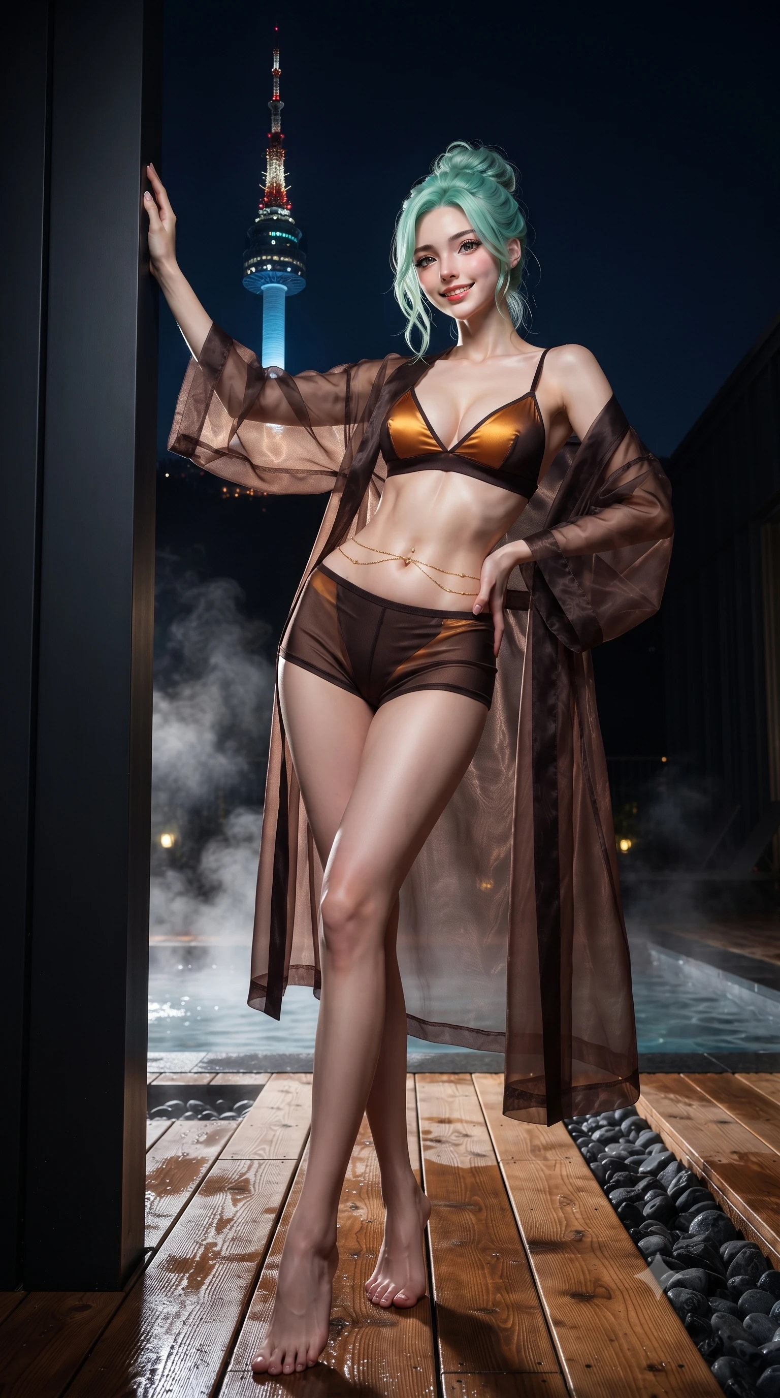 score_9, masterpiece, best quality, ultra-detailed, high-budget anime keyframe, editorial fashion photography, tasteful artistic composition, Japanese woman. low angle full-body shot from head to toe showing her feet, filling the entire 9:16 vertical frame with her statuesque presence, stretching her vertical silhouette. standing tall beside the architectural column, one hand resting high while arching her lower back to emphasize her sculpted feminine hips and slender waist while standing poised on the aromatic hinoki wood deck as steam rises into the crisp night air, arching her spine with siren allure as N Seoul Tower blazes above. The surrounding environment is rendered in vivid detail and crisp panoramic clarity: sharp wet hinoki wood grain textures, steaming water ripples, and dark river stone borders in deep focus. She has an exceptionally tall and slender model-like 8.5-heads proportion, an ultra-slim waist, a flat toned midriff, narrow delicate ribcage, and beautifully sculpted feminine hips creating a graceful, slim hourglass silhouette without any bulky heaviness, with impossibly long slender legs. sharp v-shaped jawline, high-bridge nose, intricate jewel-like sparkling eyes with depth, thick eyelashes, glossy parted lips with a natural peach sheen, bright cheerful beaming smile with an enchanting and coquettish sensual glint, exuding both youthful cute charm and seductive allure, flawlessly proportioned anatomical accuracy, strict slender model proportions, natural body alignment, perfectly sculpted long slender limbs, ultra-slim waistline, clean dynamic posture without body distortion. wearing a sheer silk organza modern caftan robe worn loose and slipping off bare shoulders over a matching satin bralette and micro-shorts in Hannam-dong glowing amber and rich dark espresso, woven from fine semi-opaque stretch illusion mesh tracing her slender contours, accented with a dainty gold belly chain resting across her flat midriff and curving hips, the second-skin tailored fabric adhering flawlessly to her sculpted flat midriff and slender torso, emphasizing her long leg lines and perfectly proportioned willowy build. illuminated by thermal pool surface caustics and sharp pearlescent rim lights sculpting her jawline, narrow waist, and curvy hips. ultra-reflective glossy finish, specular highlights, rich textural contrasts, high-contrast stereoscopic depth, volumetric dynamic lighting, 2k, ultra detail, master piece, 9:16 ratio