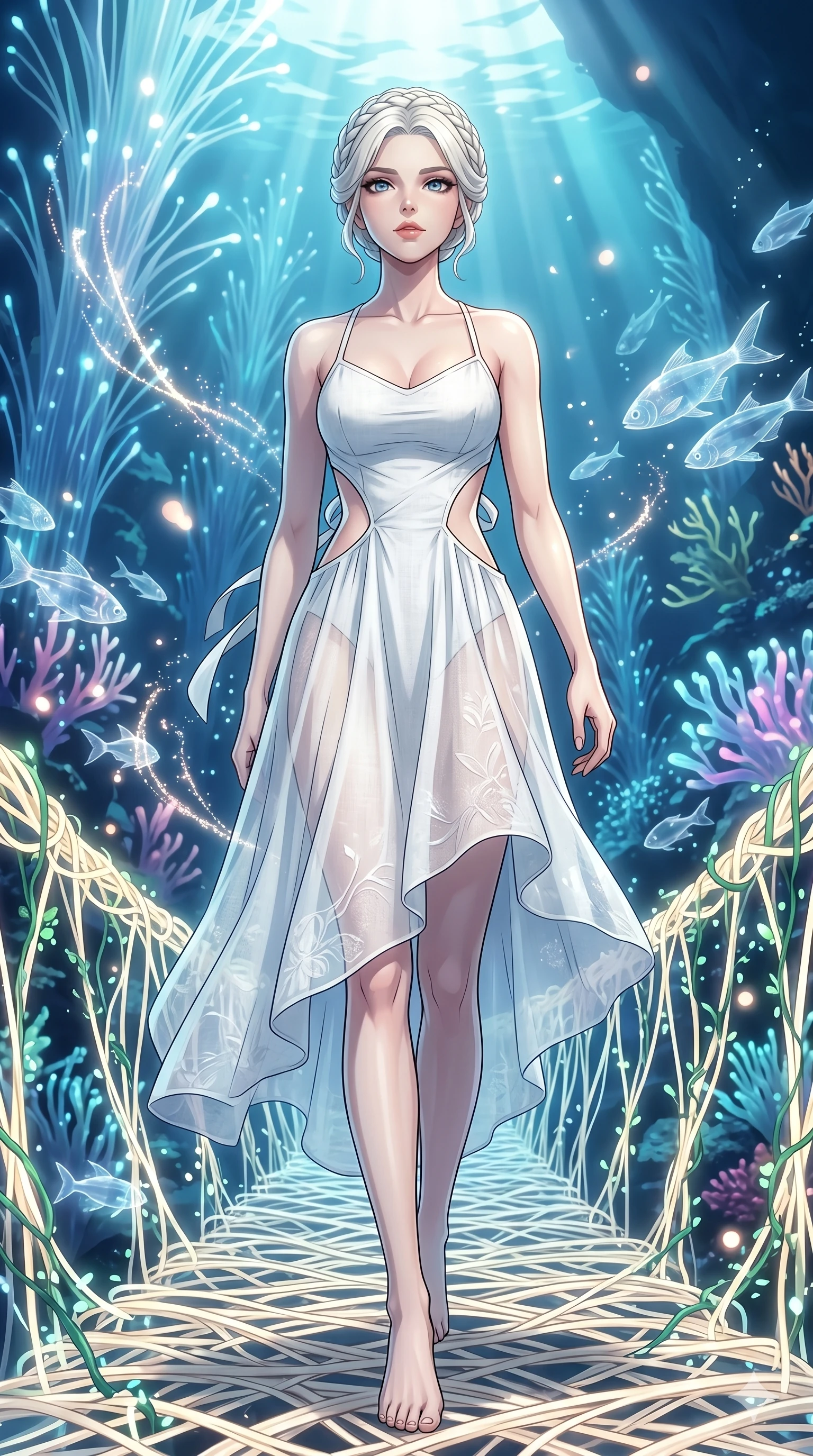score_9, masterpiece, best quality, ultra-detailed, High-budget Anime Keyframe, vibrant colors, fluid line-art, expressive lighting, cinematic composition, Ufotable-style visual effects, top-tier animation quality, Korean woman with idol-like refined features. Low angle cowboy shot filling the entire 9:16 frame with her statuesque presence, looking up to emphasize her height. Walking across a bridge made of woven light and digital vines. She has an absolutely perfect 8-heads proportion, an exceptionally tall and slender female figure with impossibly long slender legs and an ultra-slim waist, her statuesque height and towering silhouette dominating the vertical 9:16 frame. Her face is a masterpiece featuring a sharp v-shaped jawline, high-bridge nose, intricate jewel-like eyes with depth, thick eyelashes, and glossy lips with a natural sheen. She is wearing a Flowy white linen sundress with a tie-back detail, asymmetrical cutouts on the waist, and sheer transparency.. The scene is set in an underwater Eden where the plants are made of light and fiber-optics. 2k, ultra detail, master piece, 9:16 ratio