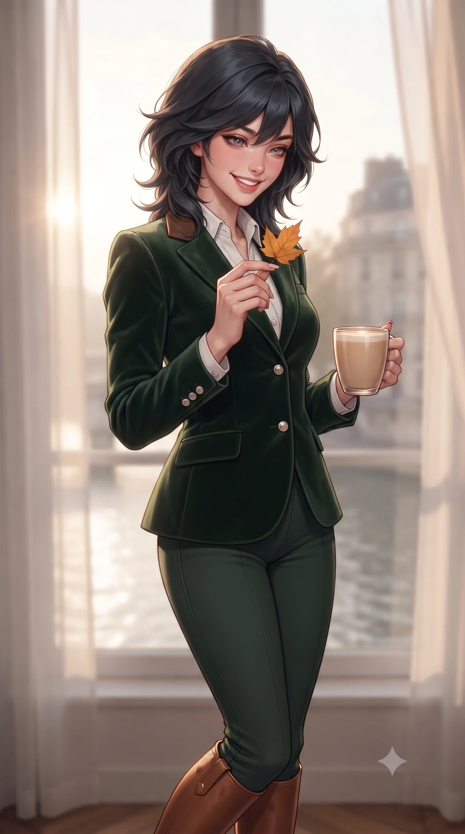 score_9, masterpiece, best quality, ultra-detailed, high-budget anime keyframe, editorial fashion photography, tasteful artistic composition, Caucasian woman. close-up cowboy shot from the waist and thighs up, the character dominates the composition, filling the frame with her large presence. holding a single autumn leaf delicately between manicured fingers, admiring it with a cheerful, parted-lip smile while holding a warm mug of café au lait in both hands, wrapped in an elegant wool wrap coat as morning mist rises over the river. The background shows a soft-focus French apartment interior shear curtains softened in intimate Parisian morning shallow focus. She has an exceptionally elegant, slender, and willowy female figure with an ultra-slim waist, flat toned midriff, narrow ribcage, and sculpted feminine hips creating an alluring, slim hourglass silhouette without bulk. sharp v-shaped jawline, high-bridge nose, intricate jewel-like sparkling eyes with depth, thick eyelashes, glossy parted lips with a natural peach sheen, bright cheerful beaming smile with an enchanting and coquettish sensual glint, exuding both youthful cute charm and seductive allure, flawlessly proportioned anatomical accuracy, strict slender model proportions, natural body alignment, perfectly sculpted long slender limbs, ultra-slim waistline, clean dynamic posture without body distortion. wearing a tailored velvet collar wool equestrian blazer paired with slim-cut riding trousers and knee-high leather boots in heritage British racing green and warm cognac brown, crafted from rich cotton velvet with deep light-absorbing pile and soft gradients, finished with fine mother-of-pearl cuff buttons catching the soft ambient light, the streamlined silhouette following her natural slender proportions with sophisticated poise, enhancing her tall willowy presence. bathed in soft, luminous early morning autumn sunlight reflecting off the Seine river surface and stone facades. ultra-reflective glossy finish, specular highlights, rich textural contrasts, high-contrast stereoscopic depth, volumetric dynamic lighting, 2k, ultra detail, master piece, 9:16 ratio