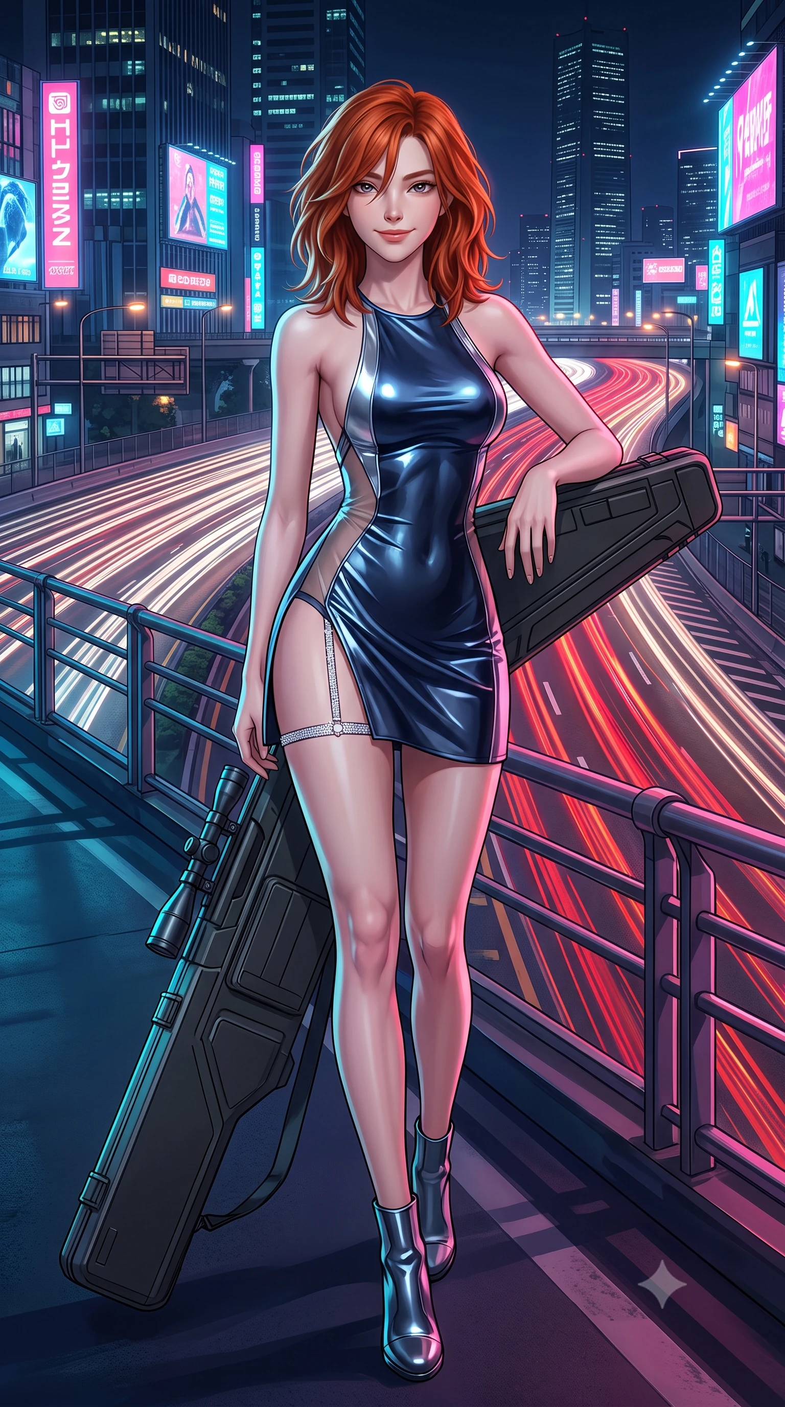 score_9, masterpiece, best quality, ultra-detailed, high-budget anime keyframe, semi-realistic 3D game render, editorial fashion photography, tasteful artistic composition, Korean woman. low angle full-body shot from head to toe showing her feet, filling the entire 9:16 vertical frame with her statuesque presence, stretching her vertical silhouette. stepping slowly toward the camera with hypnotic grace, hips swaying in an alluring sensual rhythm that accentuates her curvy hourglass silhouette and long slender legs while lounging gracefully across the tactical sniper case propped on one elbow with legs extended, displaying her long slender limbs and statuesque hourglass silhouette against the highway lights. The surrounding environment is rendered in vivid detail and crisp panoramic clarity: detailed anime keyframe lines, rich glossy textures, and futuristic megalopolis highway infrastructure in razor-sharp precision. She has an exceptionally tall and slender model-like 8.5-heads proportion, an ultra-slim waist, a flat toned midriff, narrow delicate ribcage, and beautifully sculpted feminine hips creating a graceful, slim hourglass silhouette without any bulky heaviness, with impossibly long slender legs. sharp v-shaped jawline, high-bridge nose, intricate jewel-like sparkling eyes with depth, thick eyelashes, glossy parted lips with a natural peach sheen, bright cheerful beaming smile with an enchanting and coquettish sensual glint, exuding both youthful cute charm and seductive allure, flawlessly proportioned anatomical accuracy, strict slender model proportions, natural body alignment, perfectly sculpted long slender limbs, ultra-slim waistline, clean dynamic posture without body distortion. wearing a backless liquid foil flight mini dress with criss-cross spinal straps and daring high side slit in tactical carbon navy and polished chrome, featuring strategic sheer-illusion tulle side panels framing her ribcage and hips, finished with delicate crystal-encrusted thigh garter straps glinting in the dim light, the form-contouring silhouette accentuating her sculpted flat midriff, narrow delicate ribcage, and gracefully curvy hips with intoxicating allure. bathed in the continuous dynamic red-and-white illumination of flowing vehicle light trails mixed with neon billboard glow. highly saturated vibrant anime colors, detailed shading with soft gradients, rich glossy textures, high-contrast stereoscopic depth, volumetric dynamic lighting, master piece, 9:16 ratio