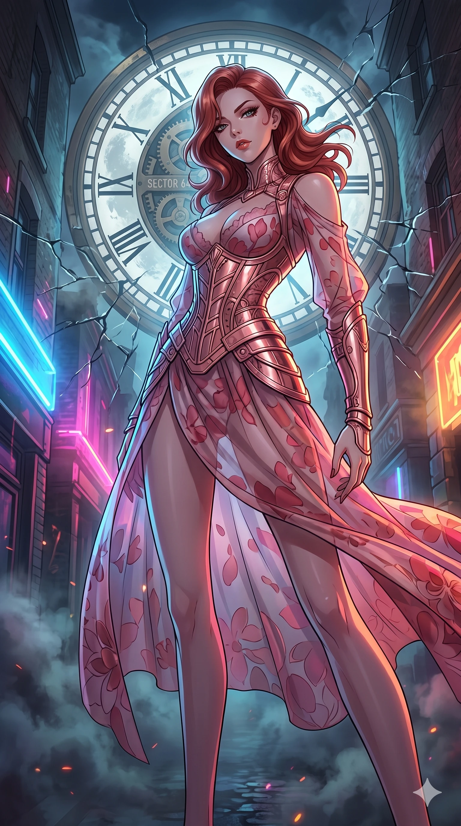 score_9, masterpiece, best quality, ultra-detailed, Set A: High-budget Anime Keyframe, Korean woman. Low angle cowboy shot filling the entire 9:16 frame with her statuesque presence. Theme: Urban Decay. shattering the fabric of reality in a steampunk London alleyway, with a massive clockwork moon ticking behind her as sector 64. The atmosphere is filled with heavy smog with neon flares. She has an absolutely perfect 8-heads proportion, an exceptionally tall and slender female figure with impossibly long slender legs and an ultra-slim waist. Sharp v-shaped jawline, high-bridge nose, intricate jewel-like eyes with depth, glossy lips. Wearing Rose-gold metallic corset over a sheer petal-patterned silk dress. Cinematic lighting, vivid colors, dramatic shadows, 2k, ultra detail, master piece, 9:16 ratio