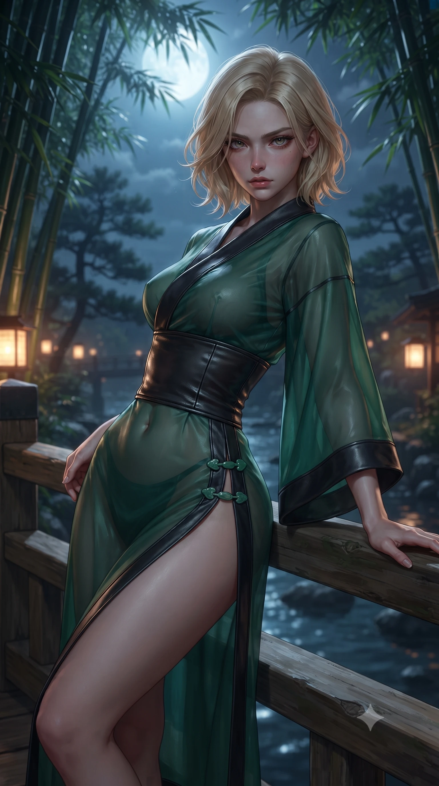score_9, masterpiece, best quality, ultra-detailed, high-budget anime keyframe, editorial fashion photography, tasteful artistic composition, Caucasian woman. close-up cowboy shot from the waist and thighs up, the character dominates the composition, filling the frame with her large presence. leaning back with relaxed seductive grace, her sculpted collarbones and narrow waist highlighted as she casts smoldering bedroom-eyes directly into the camera while standing poised on the wooden bridge terrace, twisting her upper body in an alluring S-curve as night wind rustles through the bamboo canopy. The composition keeps background elements in soft focus with creamy bokeh. distant Katsura river waters and dark pine silhouettes softened in dreamy nocturnal shallow focus. She has an exceptionally elegant, slender, and willowy female figure with an ultra-slim waist, a gracefully sculpted slender torso, toned flat midriff, and rounded feminine hips creating an alluring hourglass silhouette. sharp v-shaped jawline, high-bridge nose, intricate jewel-like eyes with depth, thick eyelashes, glossy parted lips with a natural sheen, intensely captivating and seductive bedroom-eyes expression, flawlessly proportioned anatomical accuracy, strict slender model proportions, natural body alignment, perfectly sculpted long slender limbs, ultra-slim waistline, clean dynamic posture without body distortion. wearing a delicate semi-translucent silk yukata that clings to her wet skin and curvy hip contours in jade green and dark obsidian, crafted from supple second-skin lambskin leather with specular wet sheen, finished with an ultra-high side slit secured by miniature jade clasps, the second-skin form-contouring cut accentuating her sculpted flat midriff, narrow waistline, and dramatically curvy hips without adding bulk. bathed in cool silver full-moon light streaming through the bamboo canopy and warm amber lantern downlights. ultra-reflective glossy finish, specular highlights, rich textural contrasts, high-contrast stereoscopic depth, volumetric dynamic lighting, 2k, ultra detail, master piece, 9:16 ratio