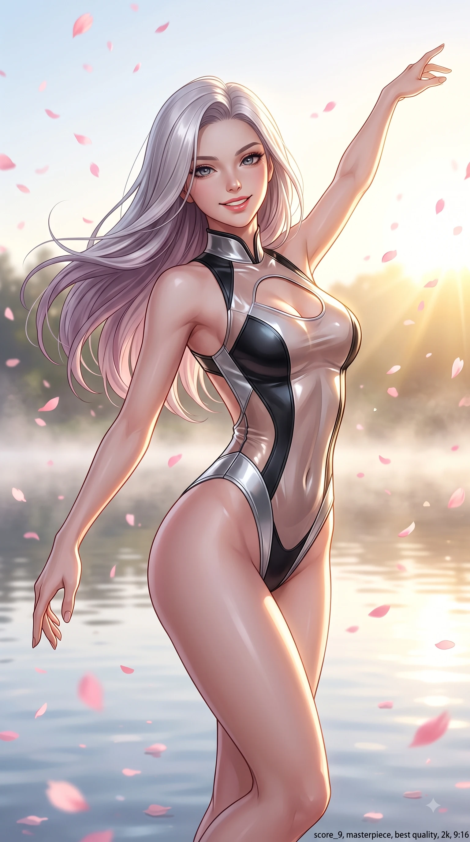 score_9, masterpiece, best quality, ultra-detailed, high-budget anime keyframe, editorial fashion photography, tasteful artistic composition, Caucasian woman. close-up cowboy shot from the waist and thighs up, the character dominates the composition, filling the frame with her large presence, background elements kept in soft focus. Extending one arm in an elegant stretch toward the sun while smiling with vibrant, magnetic self-assurance while spinning in mid-air over a serene mirror lake as pink petals rain softly around her, morning mist floating gently over the water surface, capturing bright golden light. She has an exceptionally elegant, slender, and willowy female figure with an ultra-slim waist, a gracefully sculpted slender torso, and a refined silhouette. sharp v-shaped jawline, high-bridge nose, intricate jewel-like eyes with depth, thick eyelashes, glossy lips with a natural sheen, flawlessly proportioned anatomical accuracy, natural body alignment, perfectly sculpted elegant limbs, clean dynamic posture without body distortion. wearing a high-cut translucent vinyl leotard with front paneling and open back in matte black and polished silver, crafted from smooth liquid silk, accented with a Tasteful chest slit framing her clavicle gracefully, the elegant draped fit framing her graceful clavicle and slender torso. surrounded by a serene, uplifting spring aura with cheerful highlights. ultra-reflective glossy finish, specular highlights, metallic sheen, high-contrast stereoscopic depth, volumetric dynamic lighting, 2k, ultra detail, master piece, 9:16 ratio