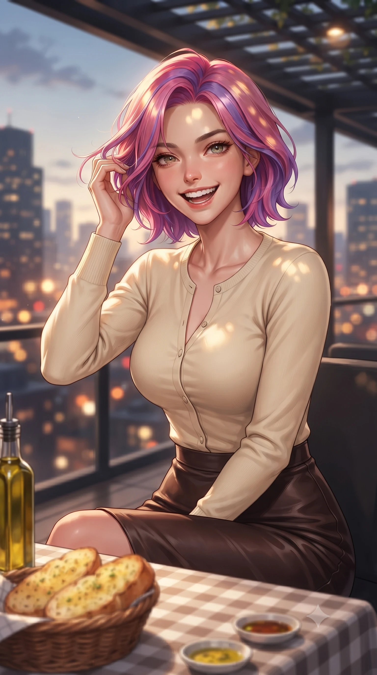 score_9, masterpiece, best quality, ultra-detailed, high-budget anime keyframe, editorial fashion photography, tasteful artistic composition, Caucasian woman. close-up cowboy shot from the waist and thighs up, the character dominates the composition, filling the frame with her large presence, background elements kept in soft focus. flashing an intoxicating, sunny grin while brushing a strand of hair away from her face set against a soft-focus background of inside a modern rooftop restaurant overlooking a bright city skyline with a basket of warm garlic bread and olive oil on the checkered tablecloth. She has an exceptionally elegant, slender, and willowy female figure with an ultra-slim waist, a gracefully sculpted slender torso, and a refined silhouette. sharp v-shaped jawline, high-bridge nose, intricate jewel-like eyes with depth, thick eyelashes, glossy lips with a natural sheen. wearing body-hugging tight-fitting cashmere cardigan closed, paired with a sleek leather midi skirt. dappled sunlight filtering through the outdoor trellis onto her shoulders. highly saturated vibrant anime colors, detailed shading with soft gradients, rich glossy textures, high-contrast stereoscopic depth, volumetric dynamic lighting, master piece, 9:16 ratio