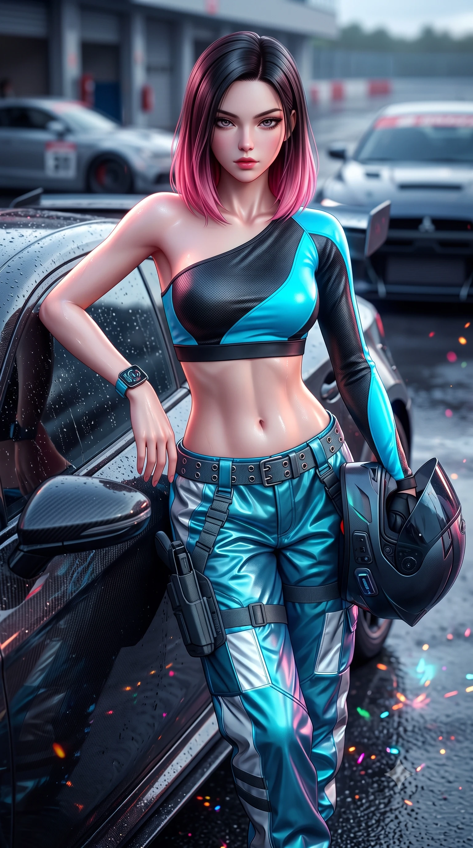 score_9, masterpiece, best quality, ultra-detailed, high-budget anime keyframe, semi-realistic 3D game render, editorial fashion photography, tasteful artistic composition, Korean woman. close-up cowboy shot from the waist and thighs up, the character dominates the composition, filling the frame with her large presence. leaning back with relaxed seductive grace, her sculpted collarbones highlighted by light, casting smoldering bedroom-eyes directly into the lens while leaning deep against the driver's side door with hips cocked, helmet resting against her hip, smoldering gaze locking onto the lens. The composition keeps background elements in soft focus with creamy bokeh. rain-slicked asphalt reflections and turbo exhaust sparks scattering vivid chromatic light motes. She has an exceptionally elegant, slender, and willowy female figure with an ultra-slim waist, a gracefully sculpted slender torso, toned flat midriff, and a refined slim silhouette. sharp v-shaped jawline, high-bridge nose, intricate jewel-like eyes with depth, thick eyelashes, glossy parted lips with a natural sheen, intensely captivating and seductive expression, flawlessly proportioned anatomical accuracy, strict slender model proportions, natural body alignment, perfectly sculpted long slender limbs, ultra-slim waistline, clean dynamic posture without body distortion. wearing an asymmetric single-sleeve moto crop top paired with baggy metallic parachute trousers and grommet belt in carbon matte black and neon electric cyan, crafted from flexible reflective spandex and heavy tactical webbing, equipped with a low-slung utility holster and racing telemetry smartwatch, the athletic second-skin cut highlighting her toned flat midriff and slender model proportions during dynamic action. illuminated by wet specular asphalt bounce lights sculpting her toned midriff, slender waist, and long legs. highly saturated vibrant anime colors, detailed shading with soft gradients, rich glossy textures, high-contrast stereoscopic depth, volumetric dynamic lighting, master piece, 9:16 ratio