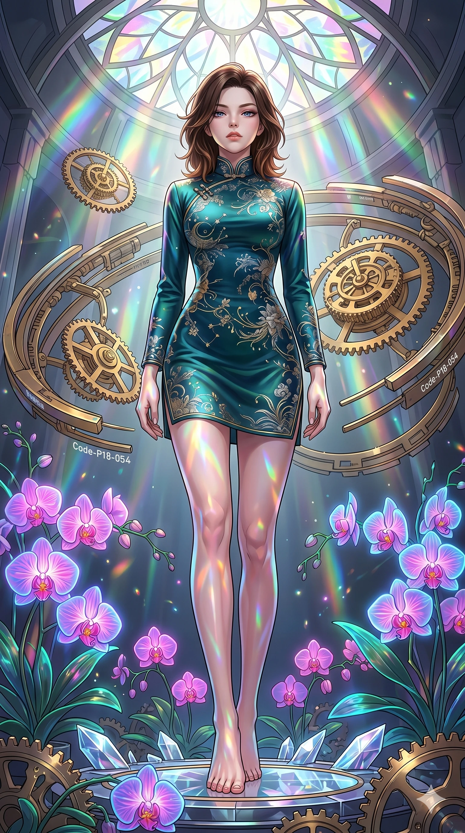 score_9, masterpiece, best quality, ultra-detailed, high-budget anime keyframe, editorial fashion photography, tasteful artistic composition, Korean woman. low angle full-body shot from head to toe showing her feet, filling the entire 9:16 vertical frame with her statuesque presence, stretching her vertical silhouette. standing among tropical neon orchids, looking at the viewer with an air of superiority in a temporal rift chamber with suspended golden clockwork gears (Code-P18-054). She has an absolutely perfect 8-heads proportion, an exceptionally tall and slender female figure with impossibly long slender legs and an ultra-slim waist. V-shaped jawline, high-bridge nose, intricate jewel-like eyes with depth, thick eyelashes, glossy lips with a natural sheen. wearing a high-neck silk cheongsam with long sleeves. prismatic rainbow light refracting through the stained-glass window, coloring her skin. 2k, ultra detail, master piece, 9:16 ratio