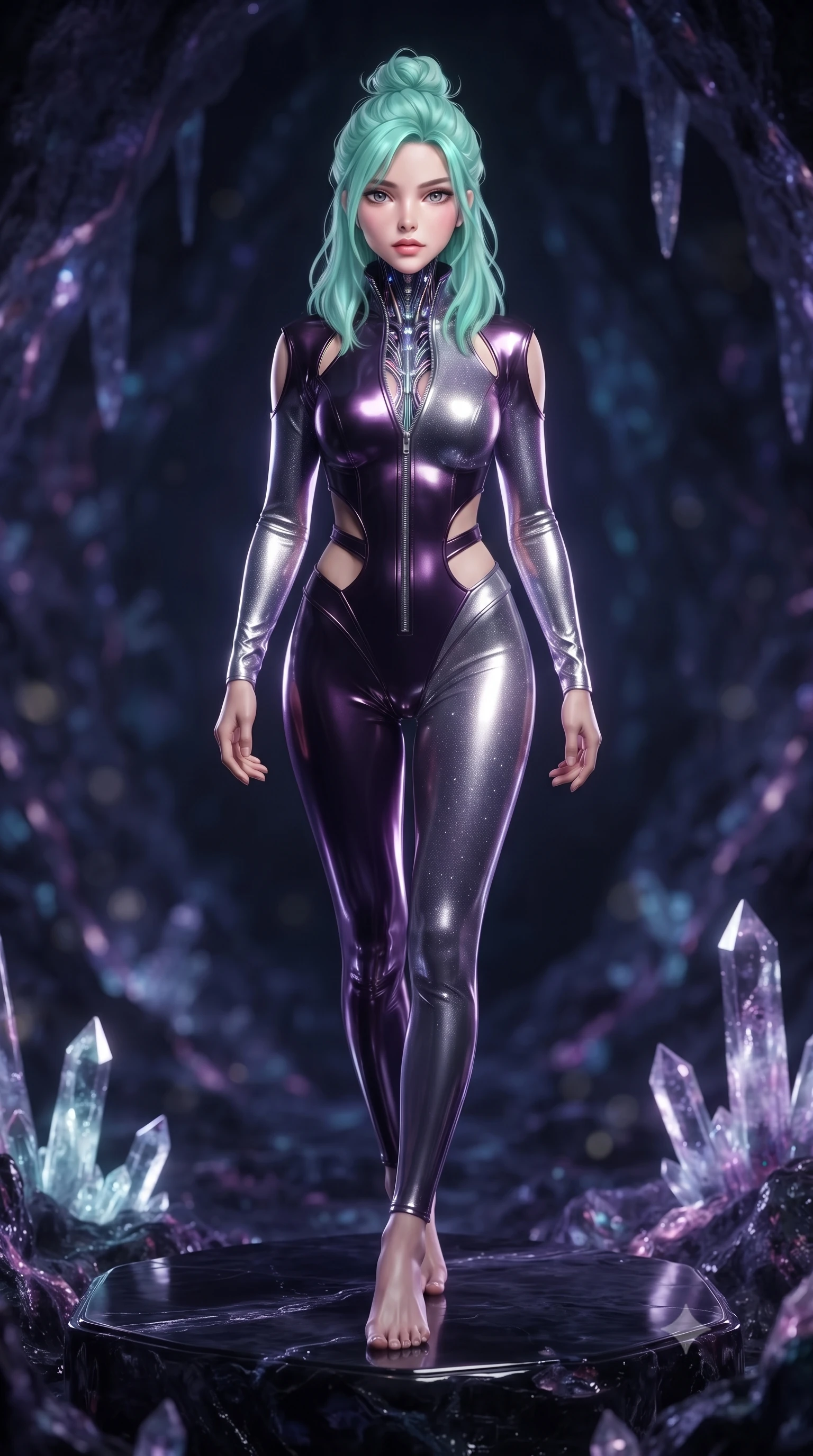 score_9, masterpiece, best quality, ultra-detailed, high-budget anime keyframe, editorial fashion photography, tasteful artistic composition, Japanese woman. low angle full-body shot from head to toe showing her feet, filling the entire 9:16 vertical frame with her statuesque presence, stretching her vertical silhouette. striding forward in a proud, statuesque motion with a dangerous smolder, her vertical silhouette dominating the frame from head to toe while pivoting dynamically on a polished obsidian pedestal surrounded by glowing crystal stalactites. The composition keeps background elements in soft focus with creamy bokeh. glowing mineral veins scattering soft ambient light across a dark cavern backdrop. She has an absolutely perfect, statuesque 8.5-heads proportion, an exceptionally tall and slender model-like female figure with impossibly long slender legs and an ultra-slim waist. sharp v-shaped jawline, high-bridge nose, intricate jewel-like eyes with depth, thick eyelashes, glossy lips with a natural sheen, flawlessly proportioned anatomical accuracy, natural body alignment, perfectly sculpted elegant limbs, clean dynamic posture without body distortion. wearing a form-fitting top made of molten liquid-mercury fabric that clings to her curves, with strategic tear-drop shoulder cutouts and a dangerously unzipped front collar in dark amethyst purple and shimmering starlight silver, tailored from semi-translucent cybernetic vinyl with glowing micro-filaments, complemented by criss-cross back straps highlighting her completely bare spine, the daring cutouts accentuating her delicate midriff, graceful collarbones, and feminine contour. illuminated by crisp white specular highlights and deep indigo ambient shadow. ultra-reflective glossy finish, specular highlights, metallic sheen, high-contrast stereoscopic depth, volumetric dynamic lighting, 2k, ultra detail, master piece, 9:16 ratio