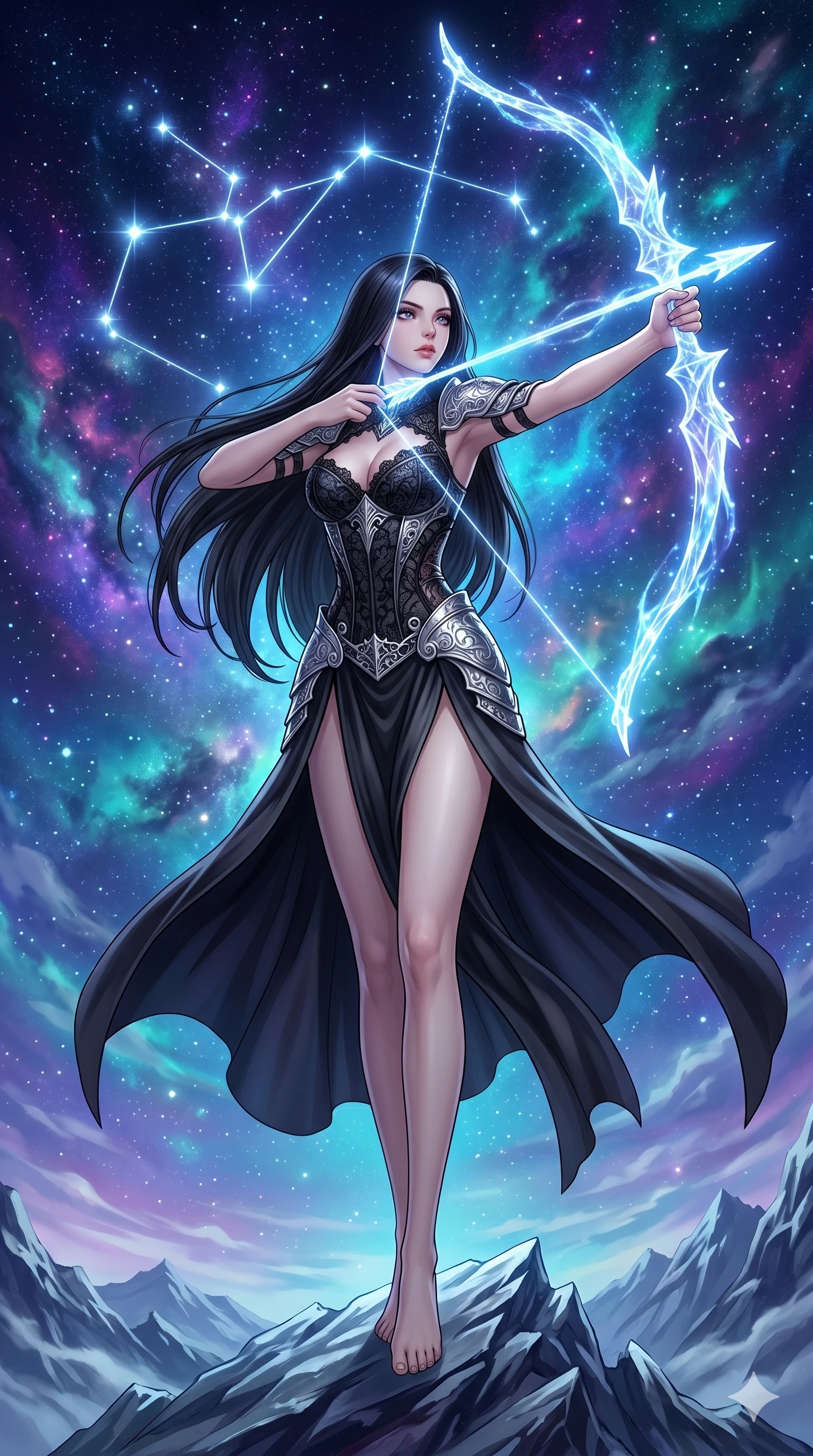 score_9, masterpiece, best quality, ultra-detailed, High-budget Anime Keyframe, beautiful Caucasian anime girl (strictly human ears). Low angle cowboy shot filling the entire 9:16 frame with her statuesque presence. Summoning a bow and arrow made of pure starlight on a jagged mountain peak. She has an absolutely perfect 8-heads proportion, an exceptionally tall and slender female figure with impossibly long slender legs and an ultra-slim waist. Sharp v-shaped jawline, high-bridge nose, intricate jewel-like eyes with depth, thick eyelashes, glossy lips with a natural sheen. Wearing a Dark Fantasy outfit: gothic black lace corset with silver plate armor and a high-slit silk skirt. Background is a bright and colorful night sky with a glowing constellation bow and vibrant stars. 2k, ultra detail, master piece, 9:16 ratio