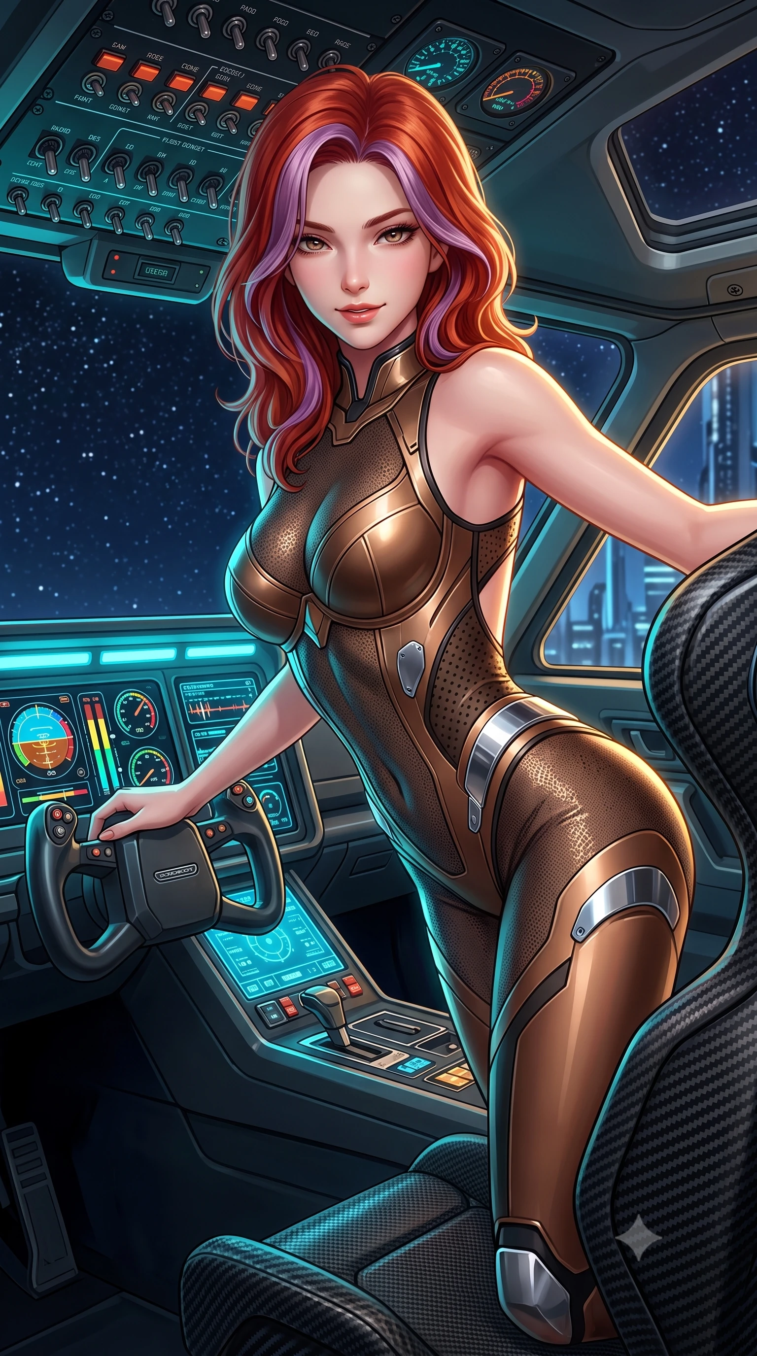 score_9, masterpiece, best quality, ultra-detailed, high-budget anime keyframe, semi-realistic 3D game render, editorial fashion photography, tasteful artistic composition, Caucasian woman. close-up cowboy shot from the waist and thighs up, the character dominates the composition, filling the frame with her large presence. leaning forward over the illuminated command console while arching her lower back to accentuate her curvy hips, looking into the camera with a confident smoldering smile and intense bedroom-eyes while twisting her slender torso in an alluring contrapposto stance beside the flight yoke, glowing cockpit avionics tracing her tight suit curves. The surrounding environment is rendered in vivid detail and crisp panoramic clarity: sharp toggle switches, illuminated cockpit instrumentation dials, and carbon fiber flight seat weave in deep focus. She has an exceptionally elegant, slender, and willowy female figure with an ultra-slim waist, flat toned midriff, narrow ribcage, and sculpted feminine hips creating an alluring, slim hourglass silhouette without bulk. sharp v-shaped jawline, high-bridge nose, intricate jewel-like sparkling eyes with depth, thick eyelashes, glossy parted lips with a natural sheen, bright confident smile with an enchanting and coquettish sensual glint, exuding both youthful magnetic charm and sovereign high-tech allure, flawlessly proportioned anatomical accuracy, strict slender model proportions, natural body alignment, perfectly sculpted long slender limbs, ultra-slim waistline, clean dynamic posture without body distortion. wearing a sheer technical lace and carbon composite bodysuit with architectural cup boning and open back in burnished bronze alloy and smoked glass black, made of high-grade ballistic nylon with precision laser-cut perforations, accented with strategically placed chrome armor plate guards covering key curves, the aerodynamic second-skin silhouette tightly following the natural contour of her hips and long slender legs with youthful 8.5-heads elegance. illuminated by instrument panel cyan bounce and sharp golden rim lights sculpting her sculpted collarbones, ultra-slim waist, and curvy hips. highly saturated vibrant anime colors, detailed shading with soft gradients, rich glossy textures, high-contrast stereoscopic depth, volumetric dynamic lighting, master piece, 9:16 ratio