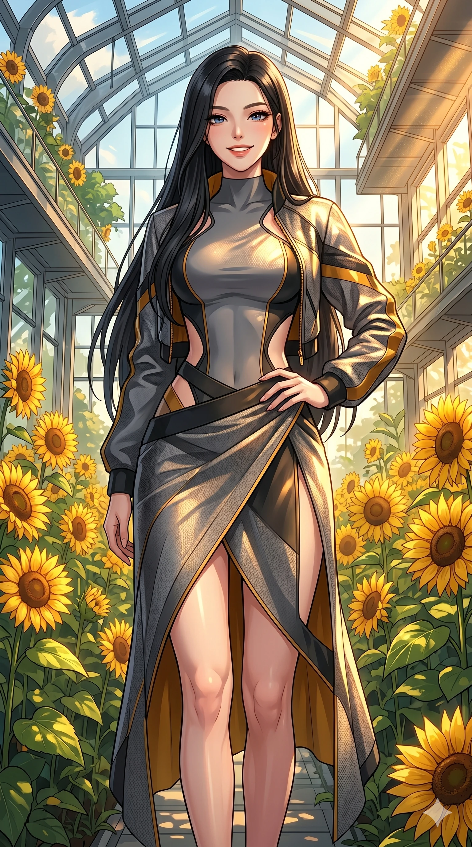 score_9, masterpiece, best quality, ultra-detailed, high-budget anime keyframe, vibrant anime aesthetic, Korean woman. cowboy shot from the thighs up, character and outfit filling the frame for maximum presence. She is standing proud and tall, her face lit by a warm, lively smile of confidence inside a modern greenhouse filled with sunflowers (Code-P20-091). She has an absolutely perfect 8-heads proportion, an exceptionally tall and slender female figure with impossibly long slender legs and an ultra-slim waist. V-shaped jawline, high-bridge nose, intricate jewel-like eyes with depth, thick eyelashes, glossy lips with a natural sheen. wearing a neoprene bodysuit with side cut-outs and high-slit wrap. She is illuminated by warm, golden sun rays highlighting the textures of her designer jacket. 2k, ultra detail, master piece, 9:16 ratio