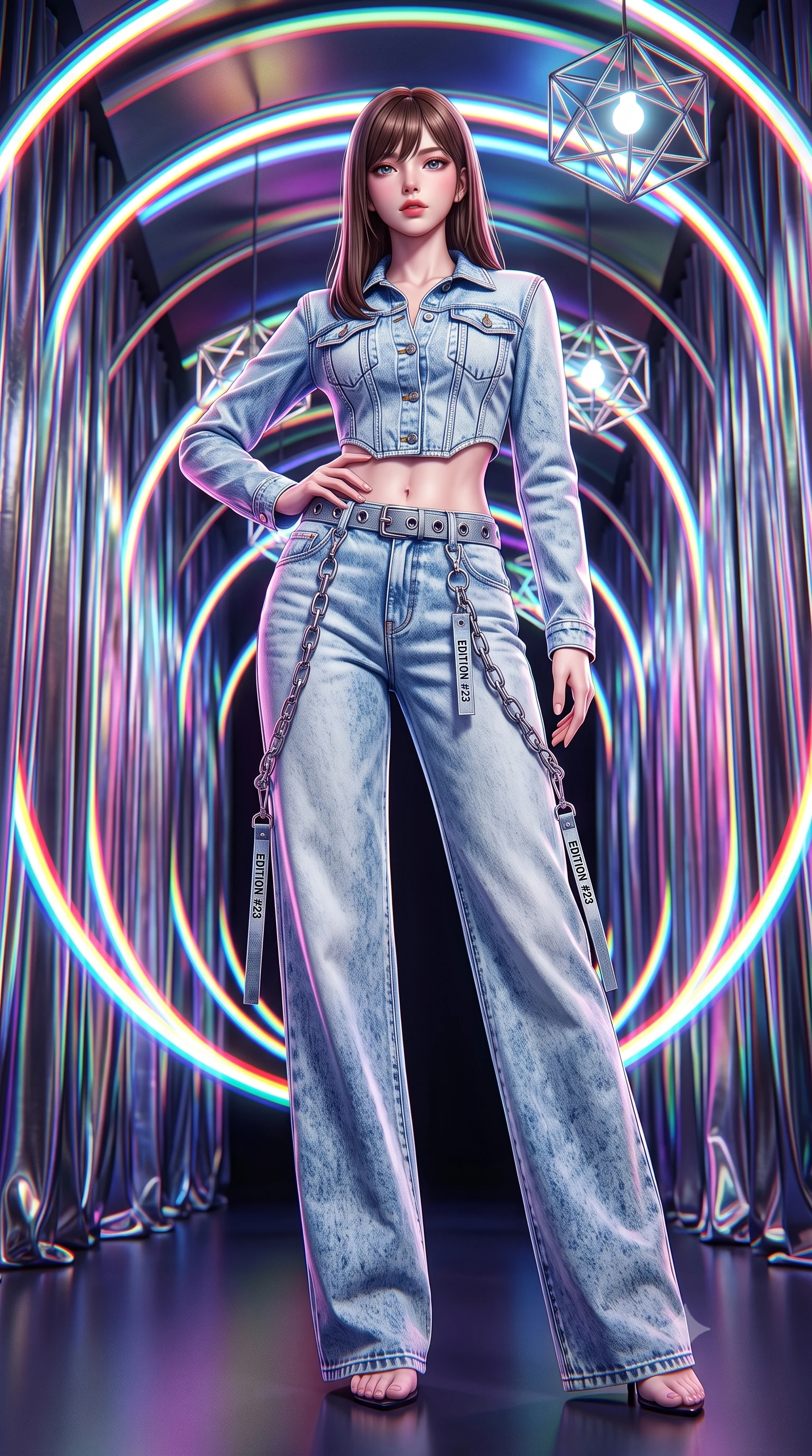 score_9, masterpiece, best quality, ultra-detailed, high-budget anime keyframe, semi-realistic 3D game render, editorial fashion photography, tasteful artistic composition, Korean woman. low angle full-body shot from head to toe showing her feet, filling the entire 9:16 vertical frame with her statuesque presence, stretching her vertical silhouette. standing poised with one hip cocked in an alluring high-fashion pose, her tall 8.5-heads proportions dominating the scene while walking through a tunnel of pulsing chromatic light curtains with effortless high-fashion runway poise. The surrounding environment is rendered in vivid detail and crisp panoramic clarity. detailed metallic fabric reflections, chromatic aberration rings, and geometric light fixtures in high clarity. She has an absolutely perfect, statuesque 8.5-heads proportion, an exceptionally tall and slender model-like female figure with impossibly long slender legs, a toned flat midriff, and an ultra-slim waist. sharp v-shaped jawline, high-bridge nose, intricate jewel-like eyes with depth, thick eyelashes, glossy lips with a natural sheen, captivating and magnetic expression, flawlessly proportioned anatomical accuracy, strict slender model proportions, natural body alignment, perfectly sculpted long slender limbs, ultra-slim waistline, clean dynamic posture without body distortion. wearing a deconstructed denim corseted crop jacket paired with high-waisted wide-leg utility jeans and a silver grommet belt in acid-wash light denim and dark chrome, tailored from distressed structured cotton denim with metallic thread, accented with hanging industrial clip straps and chrome chain links edition #23, the sleek tailored cut tightly hugging her graceful clavicle, narrow waist, and feminine curves with statuesque precision. bathed in dynamic color-shifting LED ambient illumination and pure white spotlight fill. highly saturated vibrant anime colors, detailed shading with soft gradients, rich glossy textures, high-contrast stereoscopic depth, volumetric dynamic lighting, master piece, 9:16 ratio