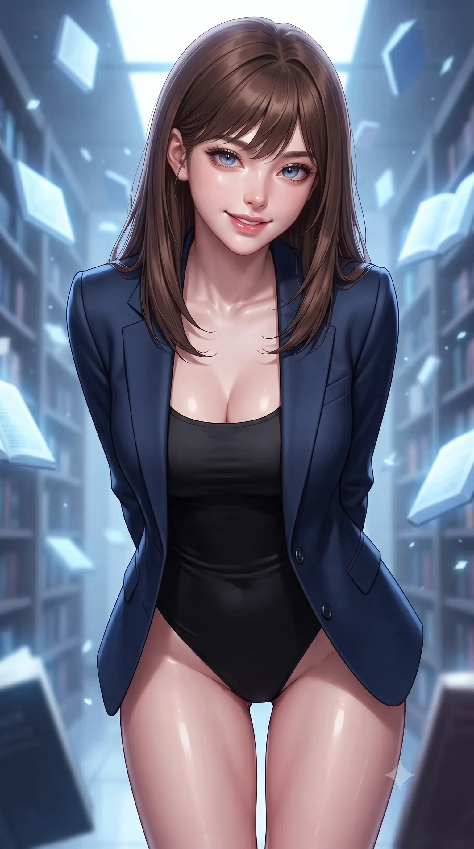 score_9, masterpiece, best quality, ultra-detailed, high-budget anime keyframe, editorial fashion photography, tasteful artistic composition, Korean woman. close-up cowboy shot from the waist and thighs up, the character dominates the composition, filling the frame with her large presence, background elements kept in soft focus. leaning slightly forward with a playful, teasing smile, her gaze locked onto the viewer the background shows a soft-focus a high-tech library archive room with glowing floating book data-shards. She has an exceptionally elegant, slender, and willowy female figure with an ultra-slim waist, a gracefully sculpted slender torso, and a refined silhouette. sharp v-shaped jawline, high-bridge nose, intricate jewel-like eyes with depth, thick eyelashes, glossy lips with a natural sheen. wearing a slim-fit sleek tailored blazer in navy blue worn closed over a tight-fitting black bodysuit. pure white and soft blue light casting an intelligent, serene ambiance. ultra-reflective glossy finish, specular highlights, metallic sheen, high-contrast stereoscopic depth, volumetric dynamic lighting, 2k, ultra detail, master piece, 9:16 ratio