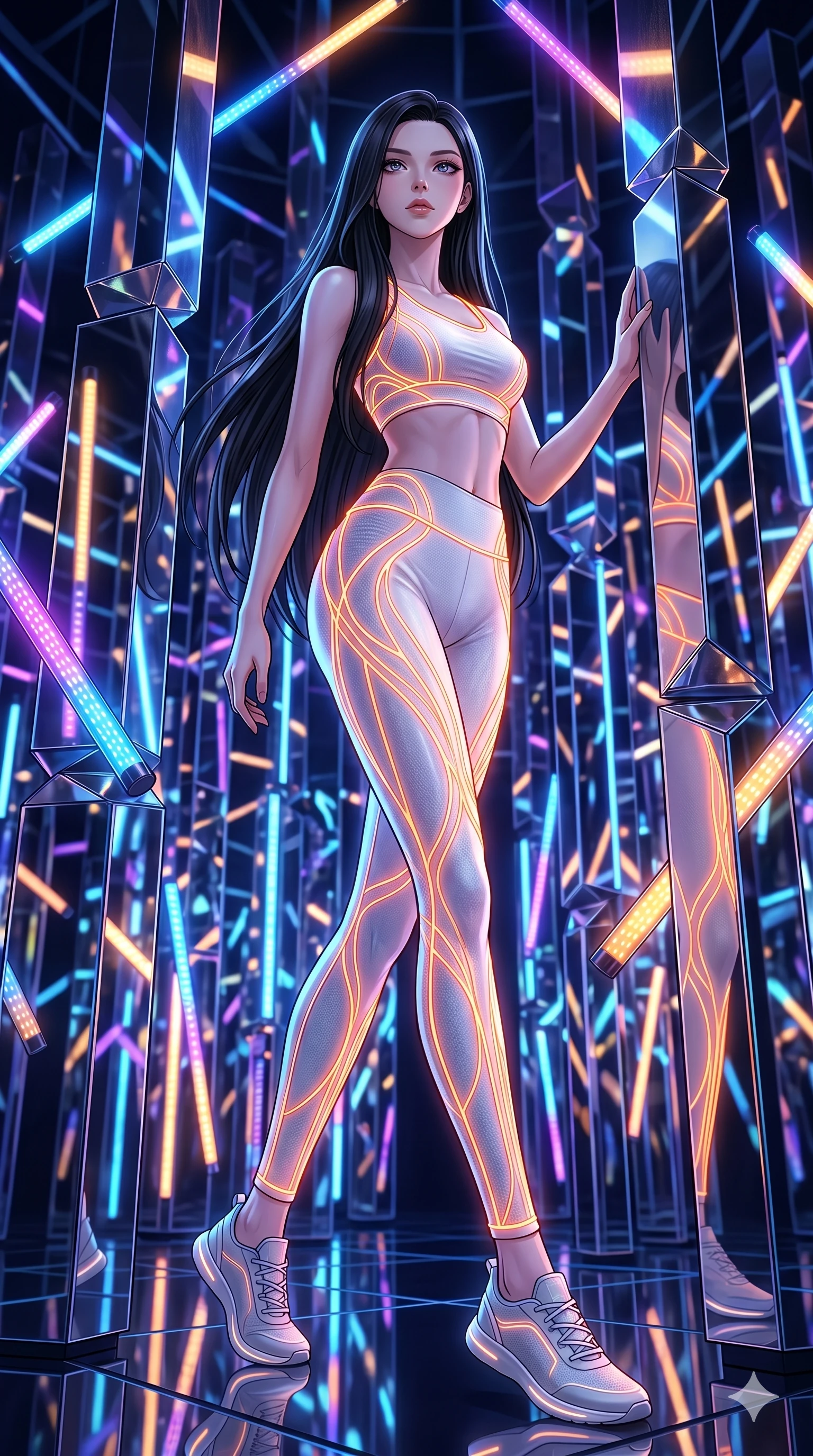 score_9, masterpiece, best quality, ultra-detailed, high-budget anime keyframe, Caucasian woman, strictly human ears. low angle full-body shot filling the entire 9:16 frame with her statuesque presence, stretching the vertical silhouette. navigating a kinetic light-sculpture mirror maze, passing between floating chromium mirror pillars and rotating LED sticks. She has an absolutely perfect 8-heads proportion, an exceptionally tall and slender female figure with impossibly long slender legs and an ultra-slim waist. V-shaped jawline, high-bridge nose, intricate jewel-like eyes with depth, thick eyelashes, glossy lips with a natural sheen.. wearing a neon filament athleisure set, featuring a tight white crop top and matching leggings woven with glowing orange neon filaments, highlighting her slender body contour. accented by dynamic color-blocked lighting with high-contrast shadows emphasizing her statuesque height. 2k, ultra detail, master piece, 9:16 ratio