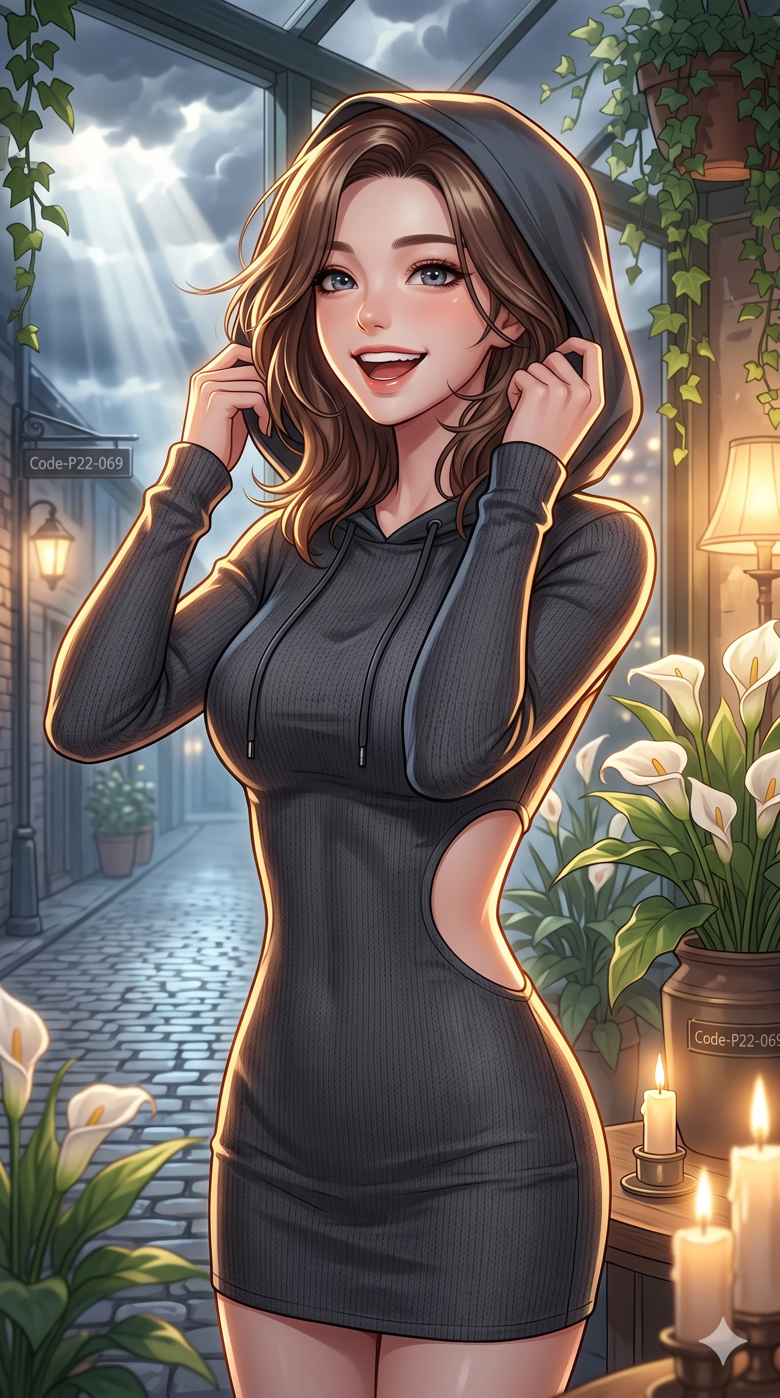 score_9, masterpiece, best quality, ultra-detailed, high-budget anime keyframe, vibrant anime aesthetic, Korean woman. close-up cowboy shot from the waist and thighs up, the character dominates the composition, filling the frame with her large presence, background elements kept in soft focus. She is adjusting her stylish raincoat hood, laughing with a radiant face, with a warm and inviting look with a soft breath of wind in her hair. inside a sunlit plant conservatory filled with white calla lilies and hanging ivy, as sunbeams pierce through storm clouds (Code-P22-069). She has an absolutely perfect proportion, an exceptionally elegant and slender female figure with an ultra-slim waist. V-shaped jawline, high-bridge nose, intricate jewel-like eyes with depth, thick eyelashes, glossy lips with a natural sheen. wearing a bodycon knit dress with an elegant side panel cut-out in classic charcoal. She is illuminated by warm candlelight and soft gaslight from a cozy greenhouse cafe, tracing the elegant lines of her shoulders along the cobblestone alley. 2k, ultra detail, master piece, 9:16 ratio