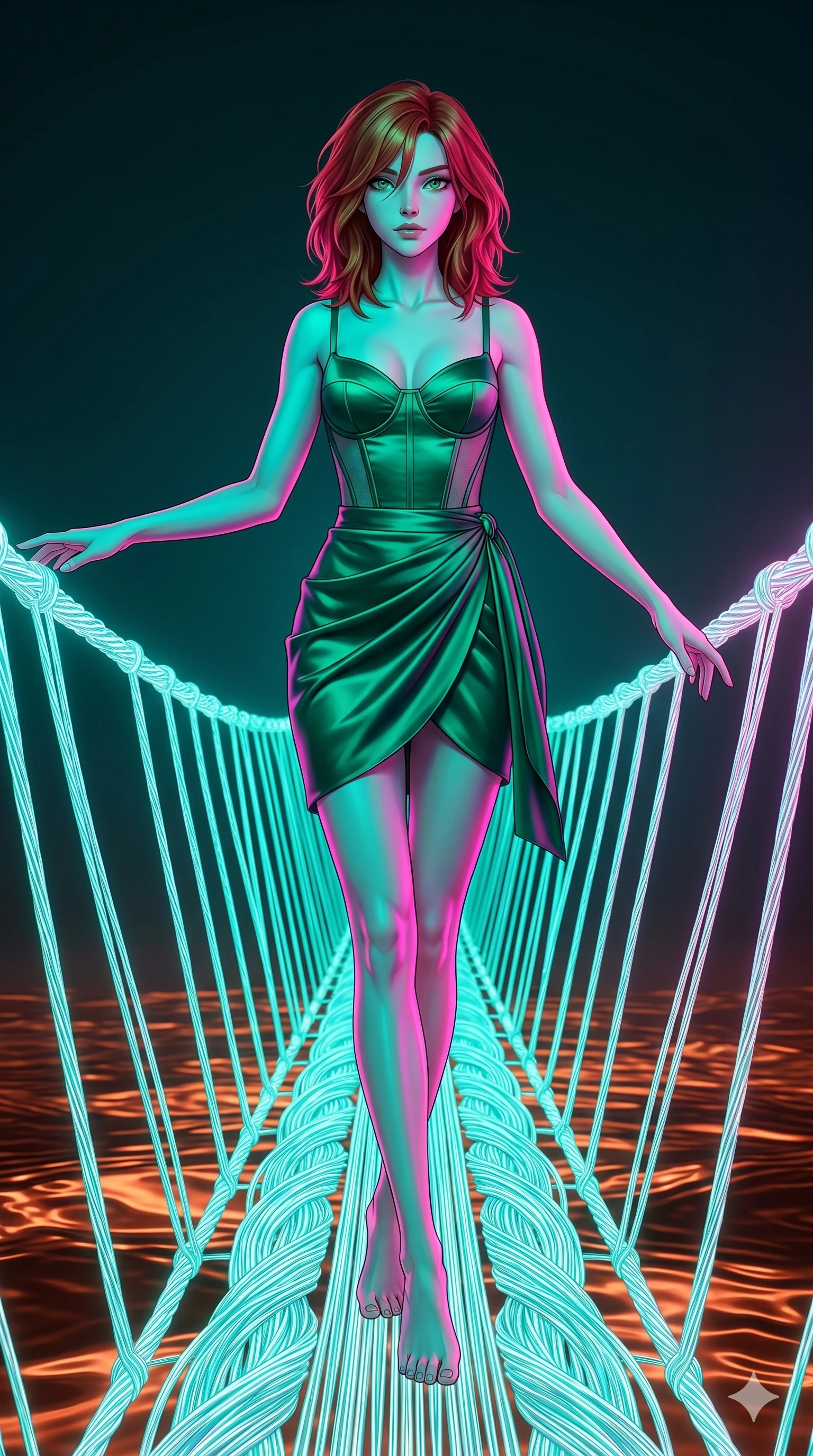 score_9, masterpiece, best quality, ultra-detailed, high-budget anime keyframe, editorial fashion photography, tasteful artistic composition, Korean woman. low angle full-body shot from head to toe showing her feet, filling the entire 9:16 vertical frame with her statuesque presence, stretching her vertical silhouette. Balancing with elegant poise on tiptoe with arms extended on a suspension bridge made of braided light filaments overlooking a sea of liquid copper. She has an absolutely perfect 8-heads proportion, an exceptionally tall and slender female figure with impossibly long slender legs and an ultra-slim waist. V-shaped jawline, high-bridge nose, intricate jewel-like eyes with depth, thick eyelashes, glossy lips with a natural sheen. wearing a structured bodysuit with a corseted bodice in emerald satin and semi-opaque mesh side panels, layered under a draped silk wrap skirt in matching emerald. under intense neon teal and magenta split-lighting creating vivid chromatic contrast on her figure. 2k, ultra detail, master piece, 9:16 ratio
